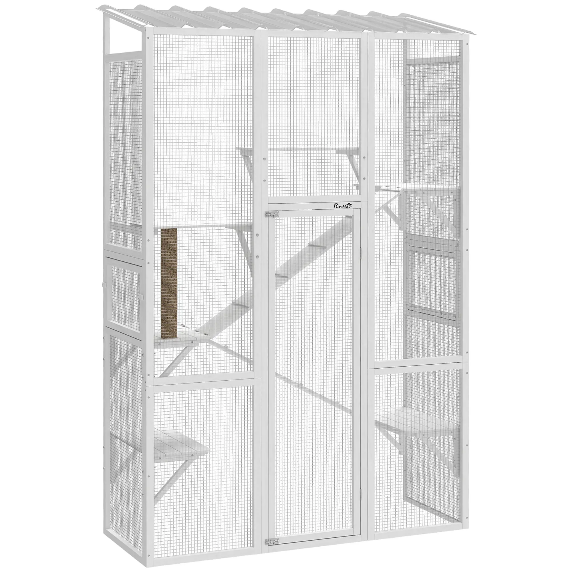 Wooden Catio Outdoor Cat Enclosure, 6 Platforms, Scratching Post, 2 Ramps, Waterproof Roof, White - Image 11