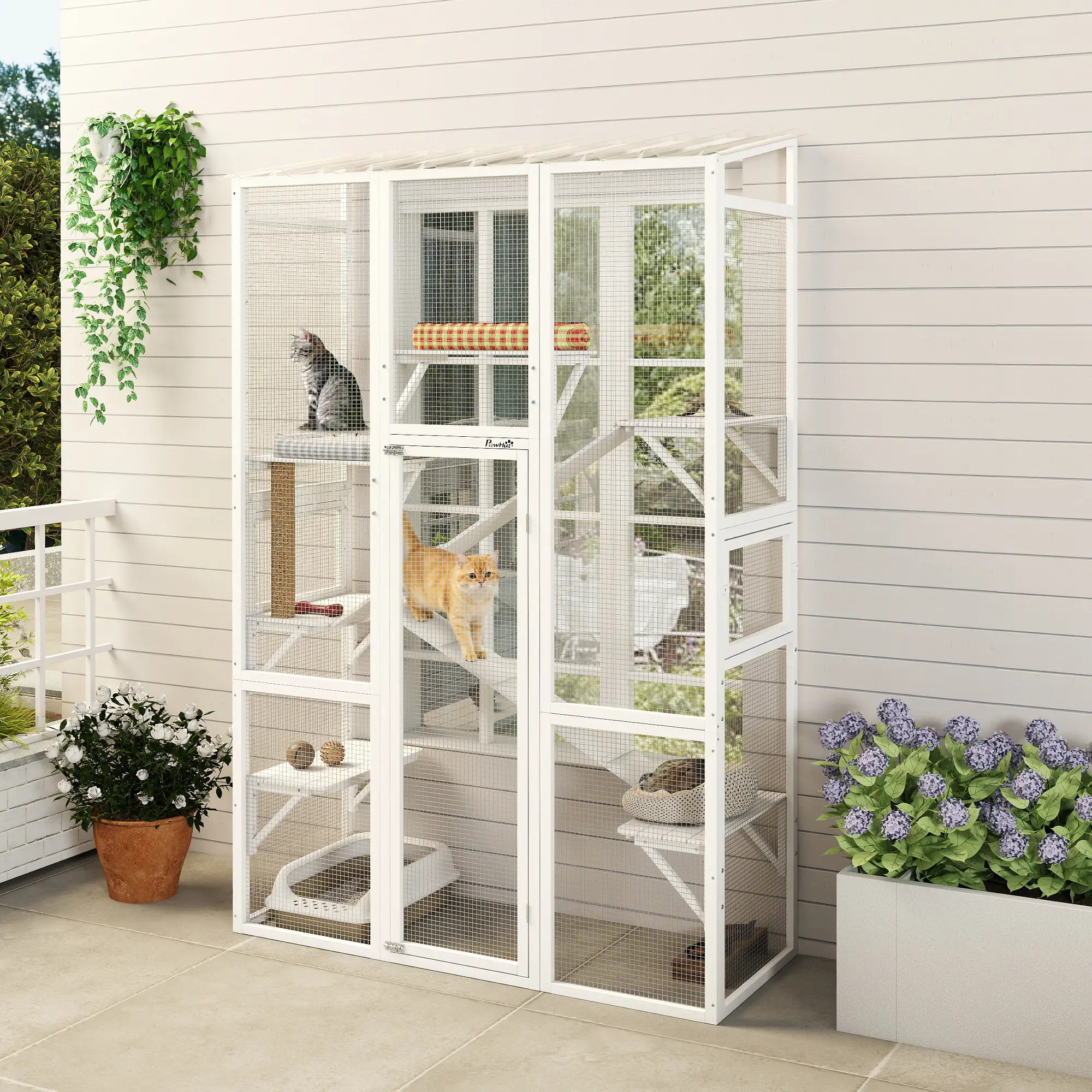 Wooden Catio Outdoor Cat Enclosure, 6 Platforms, Scratching Post, 2 Ramps, Waterproof Roof, White - Image 2