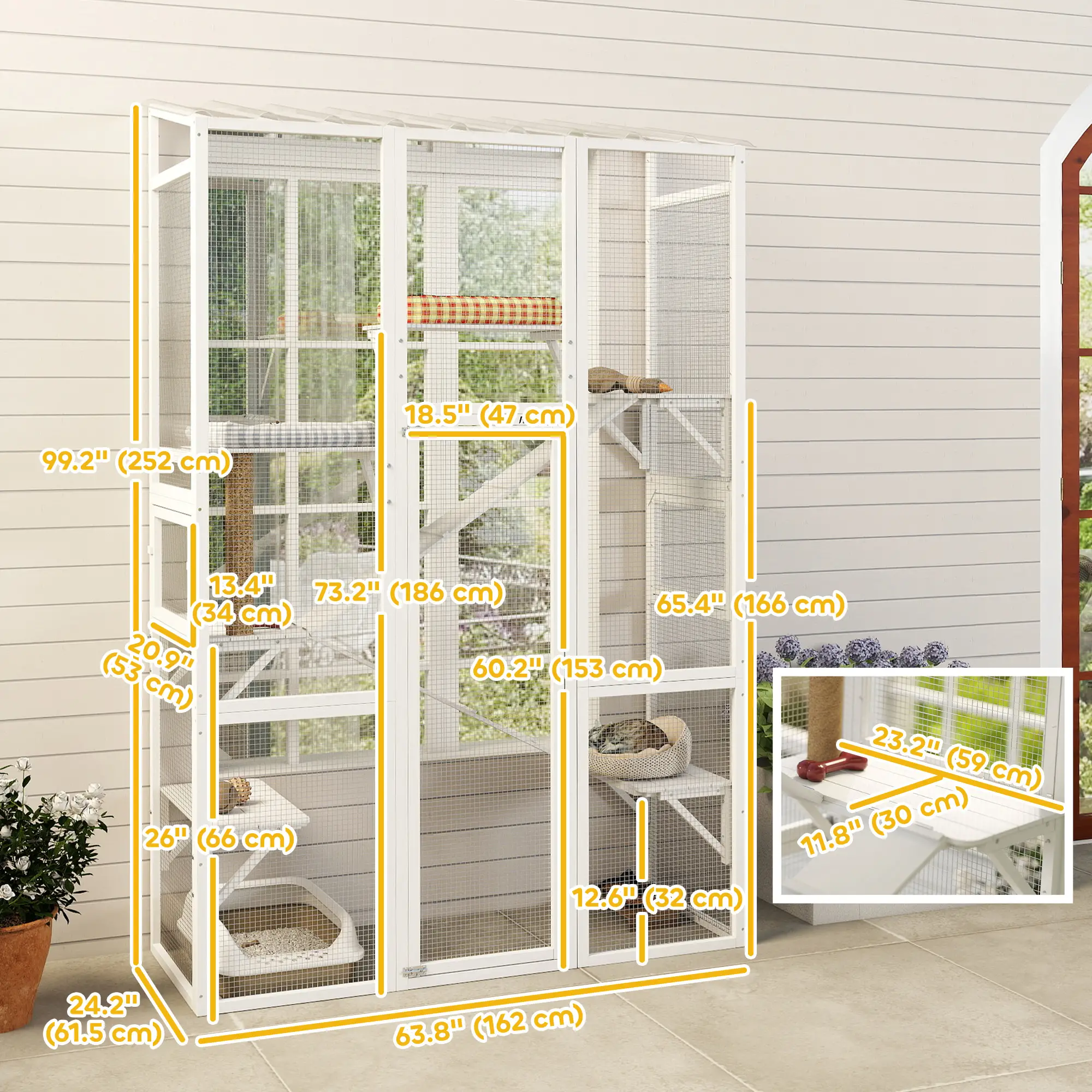 Wooden Catio Outdoor Cat Enclosure, 6 Platforms, Scratching Post, 2 Ramps, Waterproof Roof, White - Image 3