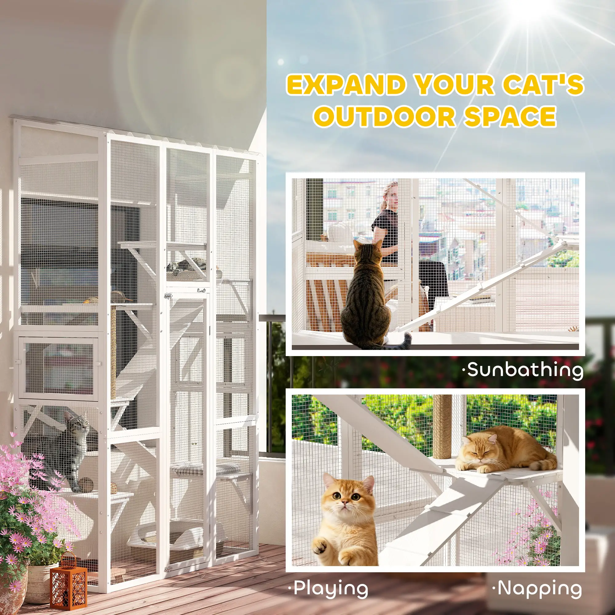 Wooden Catio Outdoor Cat Enclosure, 6 Platforms, Scratching Post, 2 Ramps, Waterproof Roof, White - Image 4