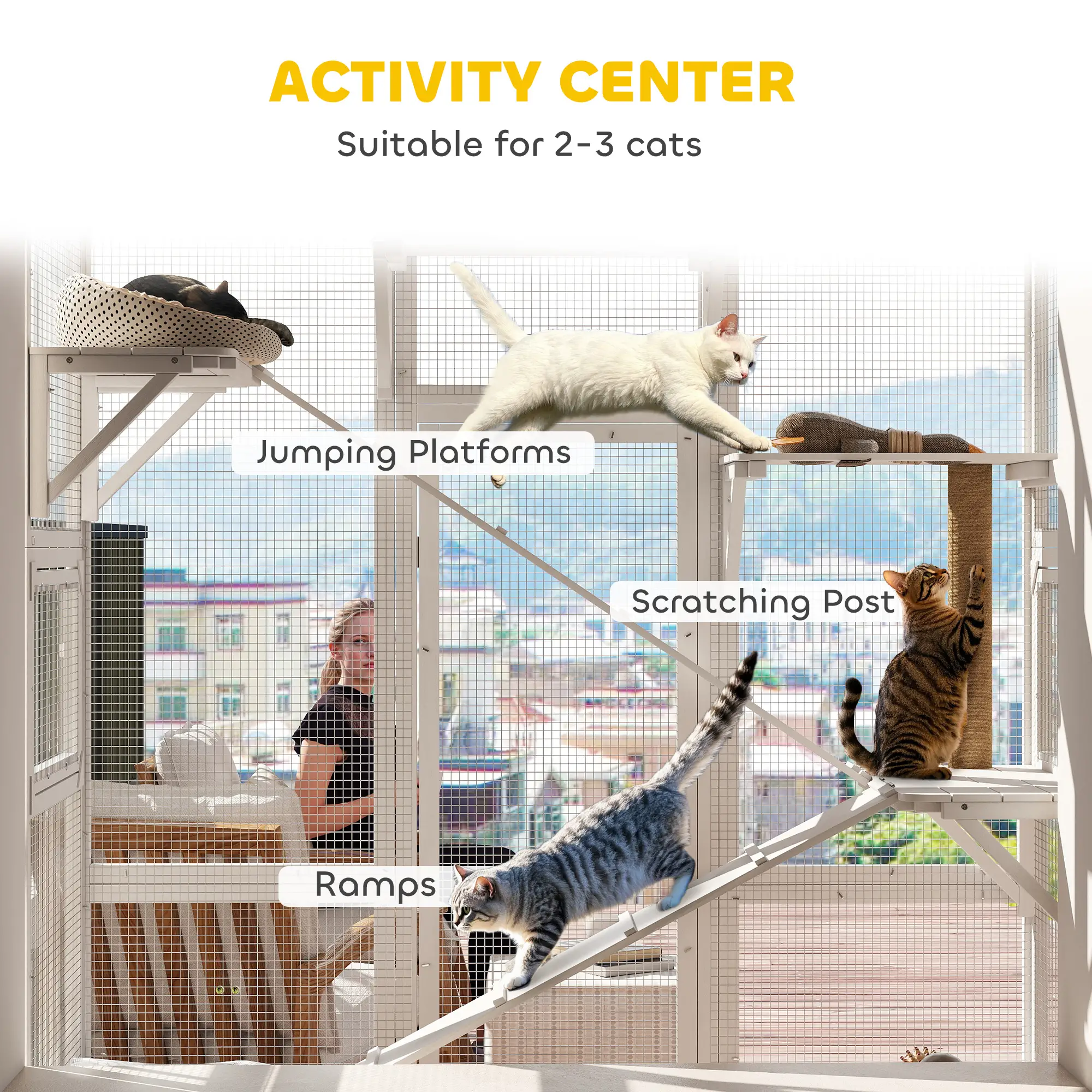 Wooden Catio Outdoor Cat Enclosure, 6 Platforms, Scratching Post, 2 Ramps, Waterproof Roof, White - Image 5