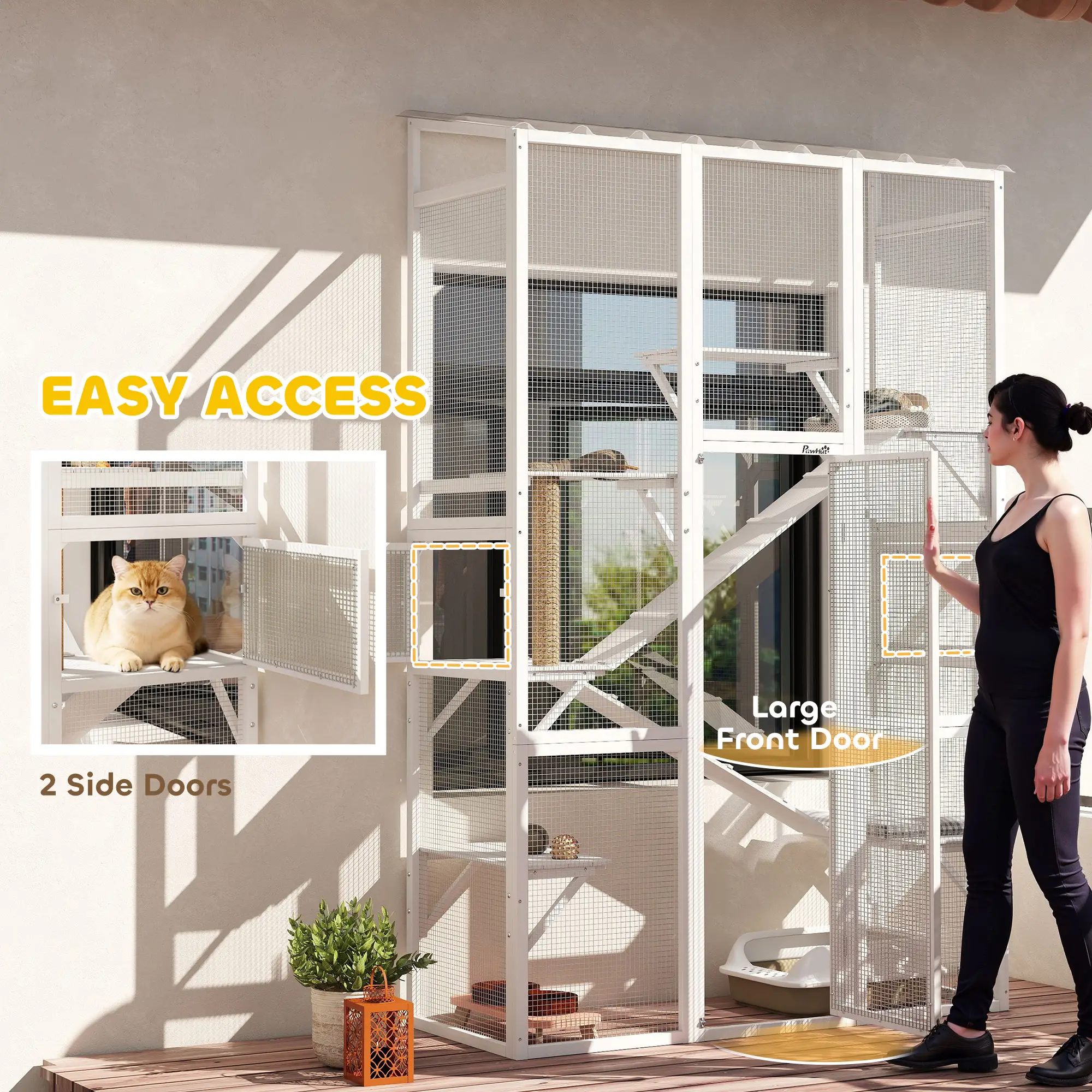 Wooden Catio Outdoor Cat Enclosure, 6 Platforms, Scratching Post, 2 Ramps, Waterproof Roof, White - Image 6