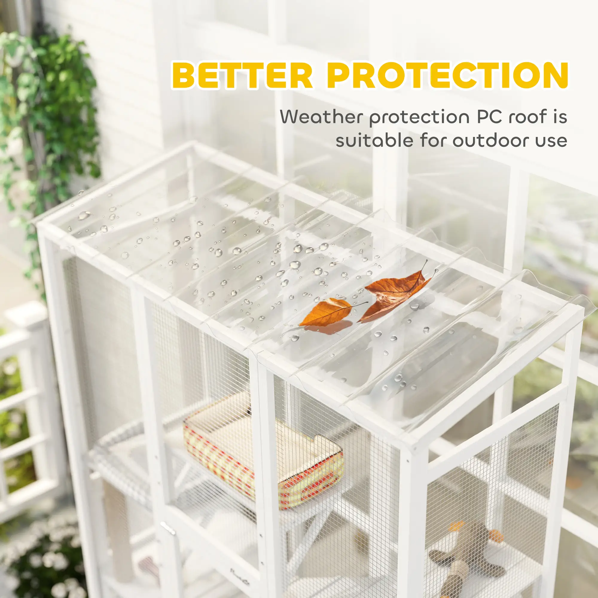 Wooden Catio Outdoor Cat Enclosure, 6 Platforms, Scratching Post, 2 Ramps, Waterproof Roof, White - Image 7