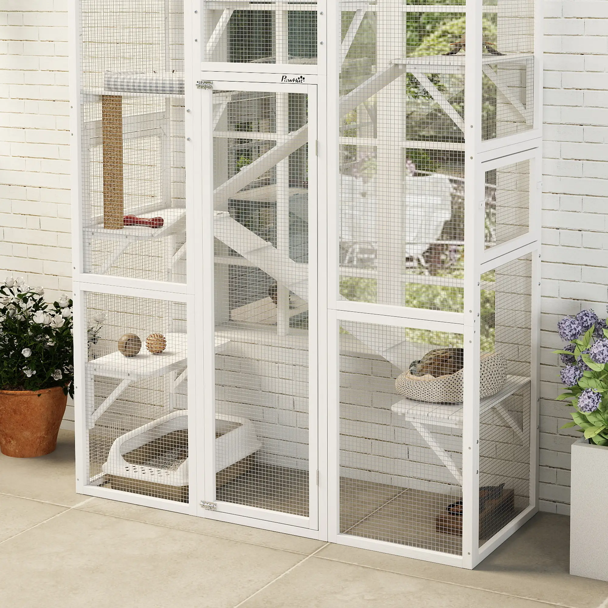 Wooden Catio Outdoor Cat Enclosure, 6 Platforms, Scratching Post, 2 Ramps, Waterproof Roof, White - Image 9