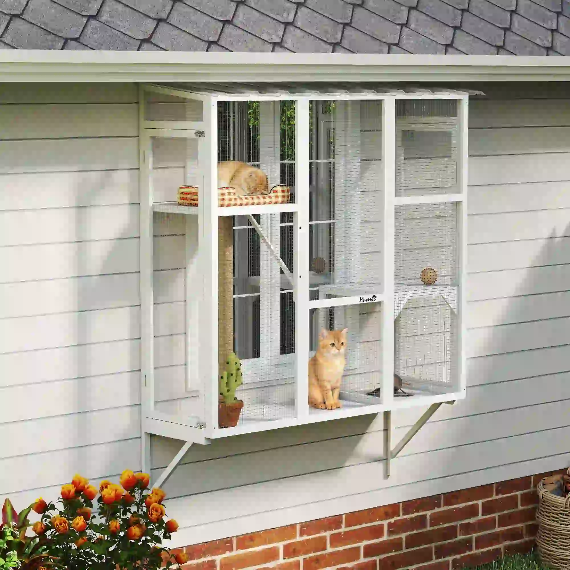 Wooden Catio Outdoor, Cat Window Box Enclosure, White - Image 2