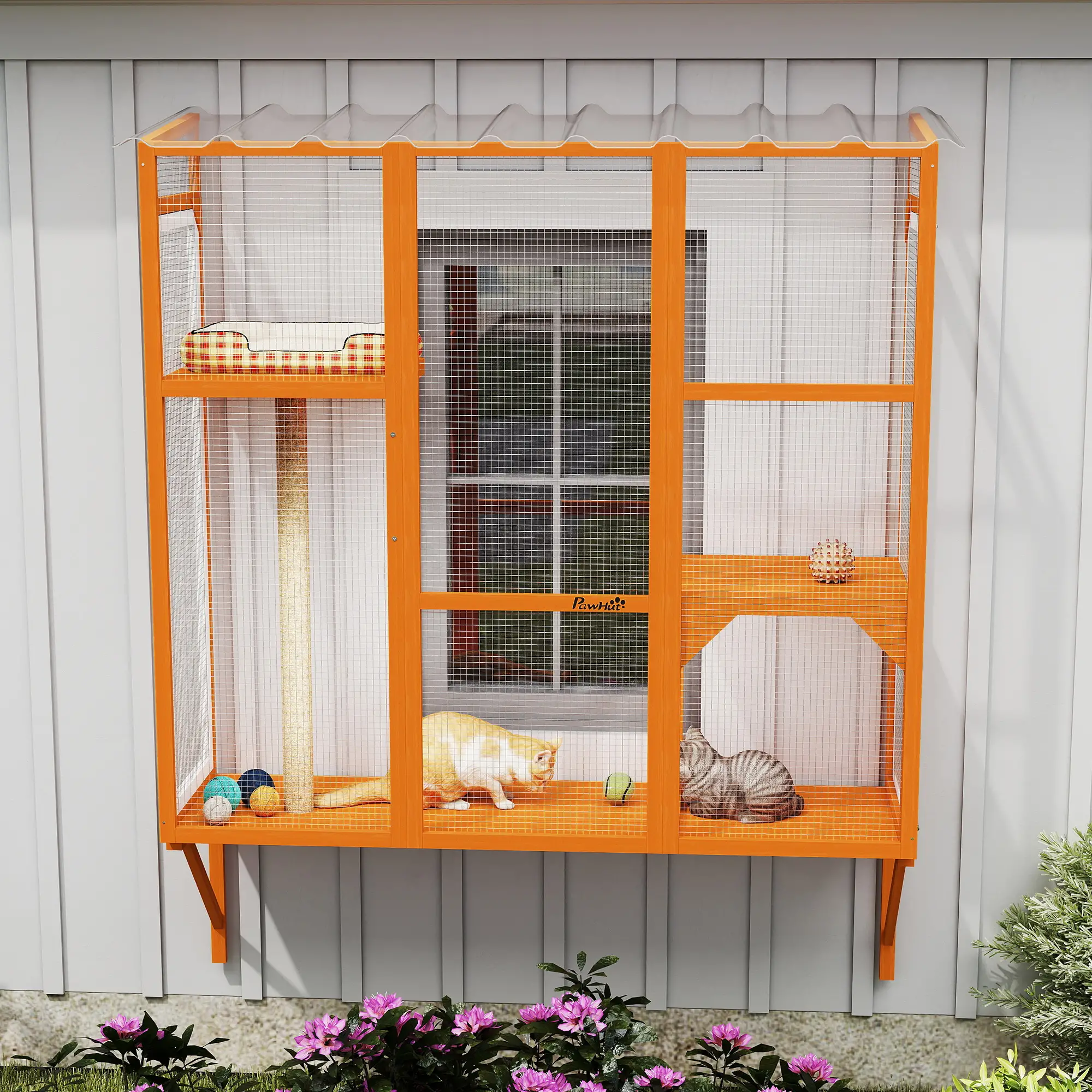 Wooden Catio Outdoor Enclosure, 2 Jumping Platforms, Scratching Post, Orange - Image 10
