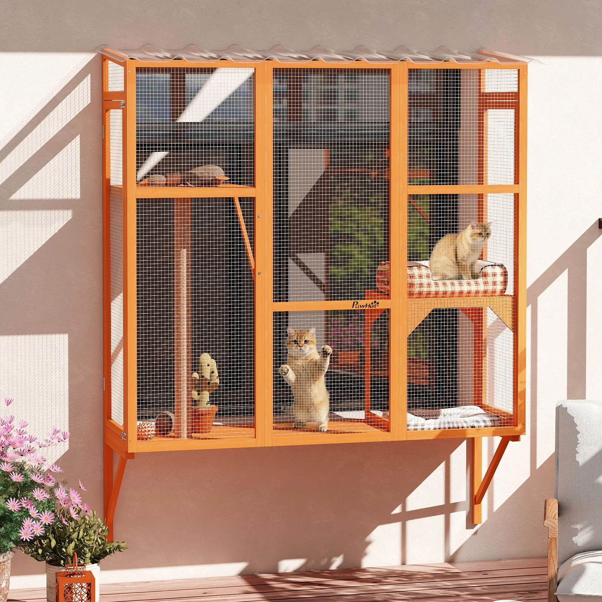 Wooden Catio Outdoor Enclosure, 2 Jumping Platforms, Scratching Post, Orange - Image 2