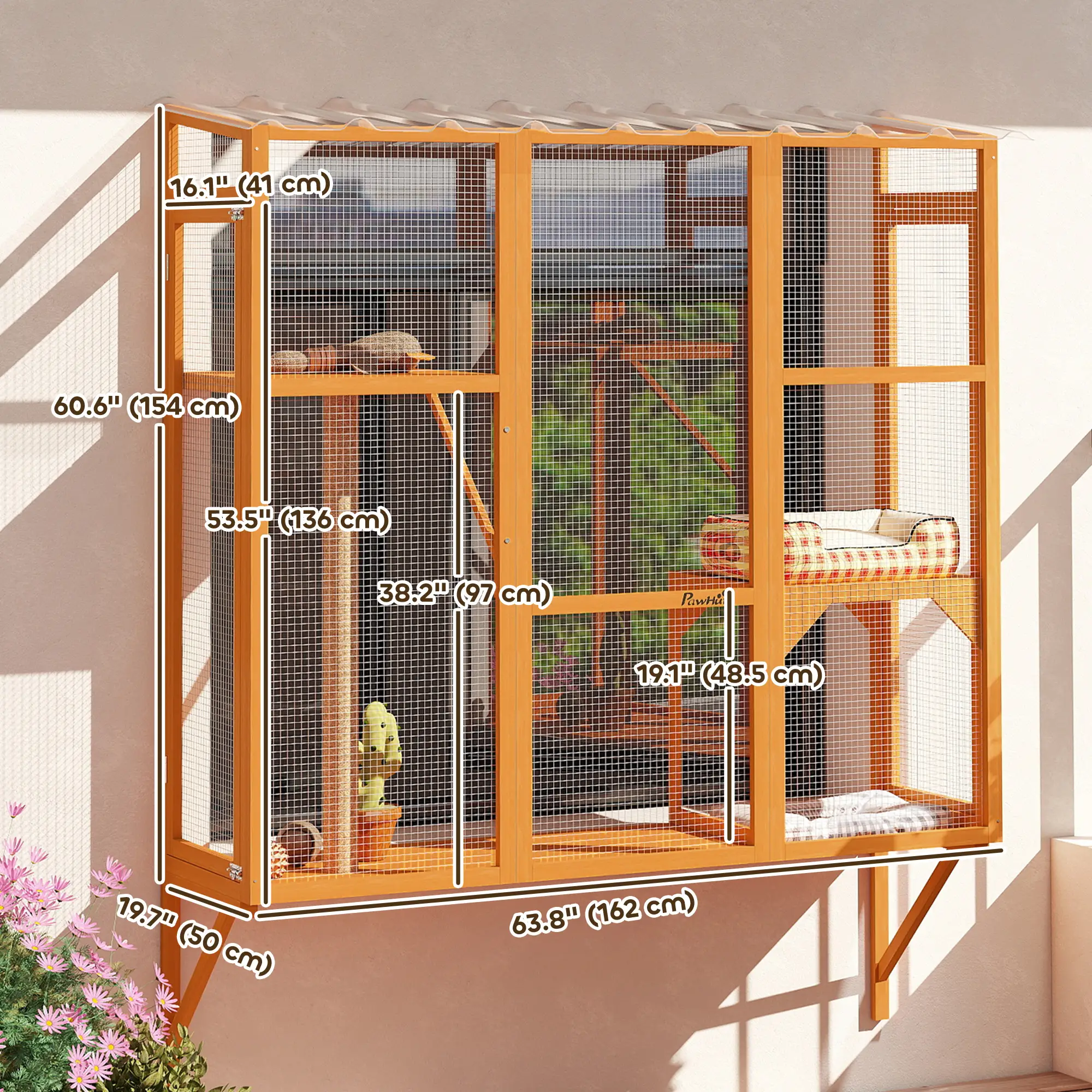 Wooden Catio Outdoor Enclosure, 2 Jumping Platforms, Scratching Post, Orange - Image 3