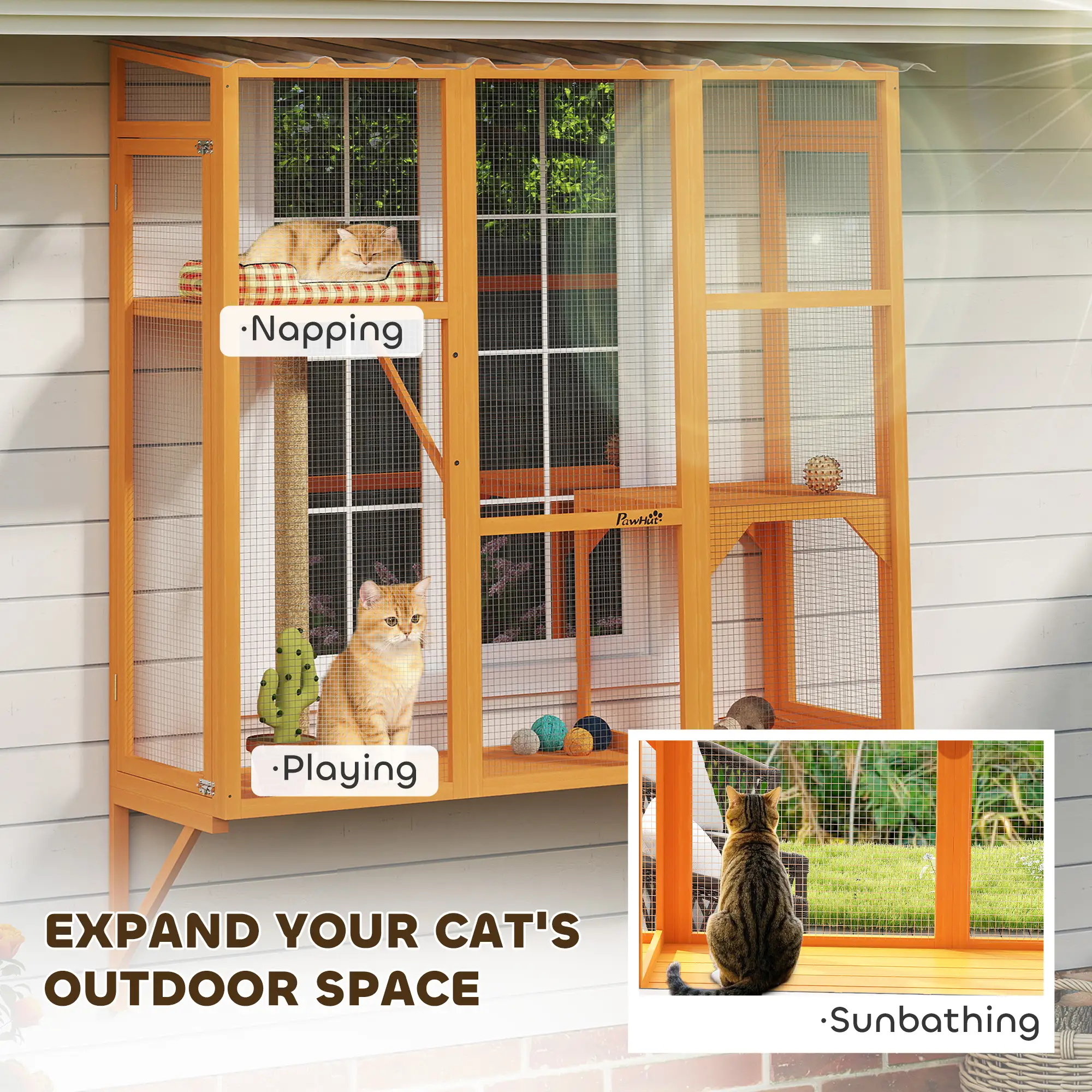 Wooden Catio Outdoor Enclosure, 2 Jumping Platforms, Scratching Post, Orange - Image 4