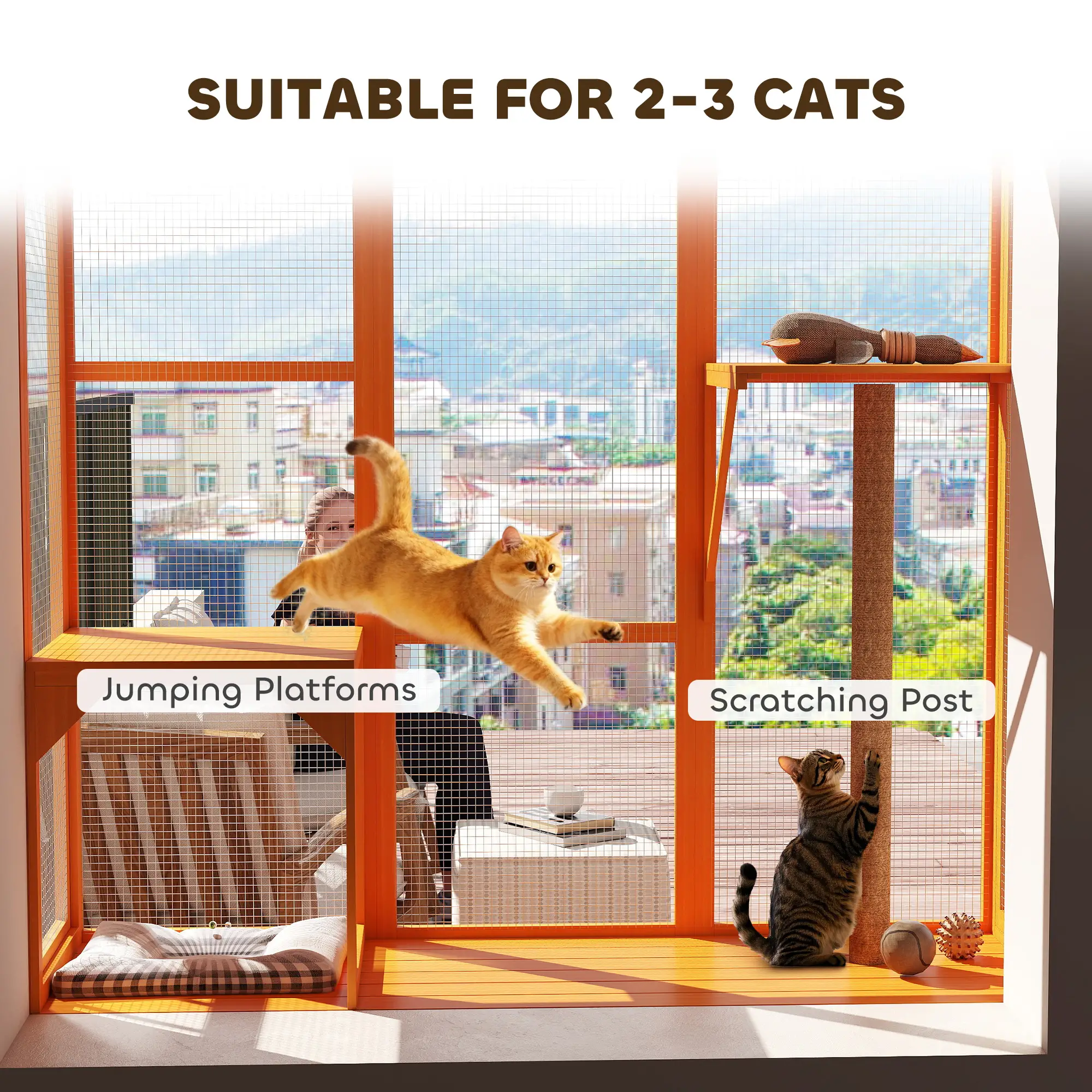 Wooden Catio Outdoor Enclosure, 2 Jumping Platforms, Scratching Post, Orange - Image 5
