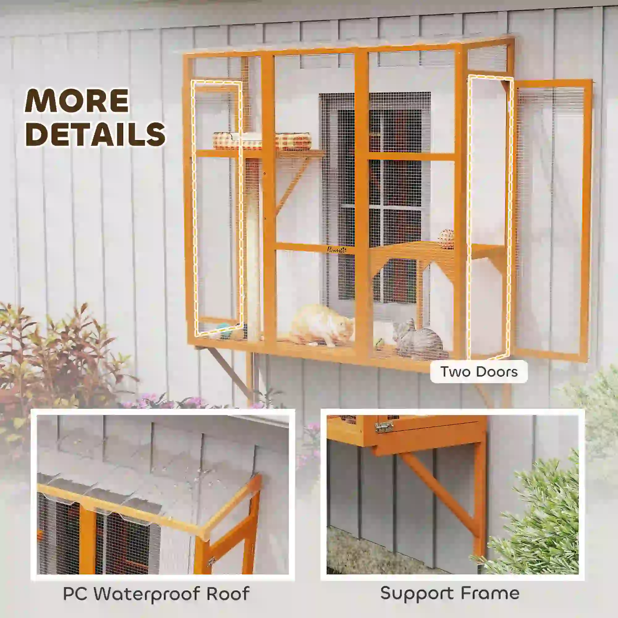 Wooden Catio Outdoor Enclosure, 2 Jumping Platforms, Scratching Post, Orange - Image 6