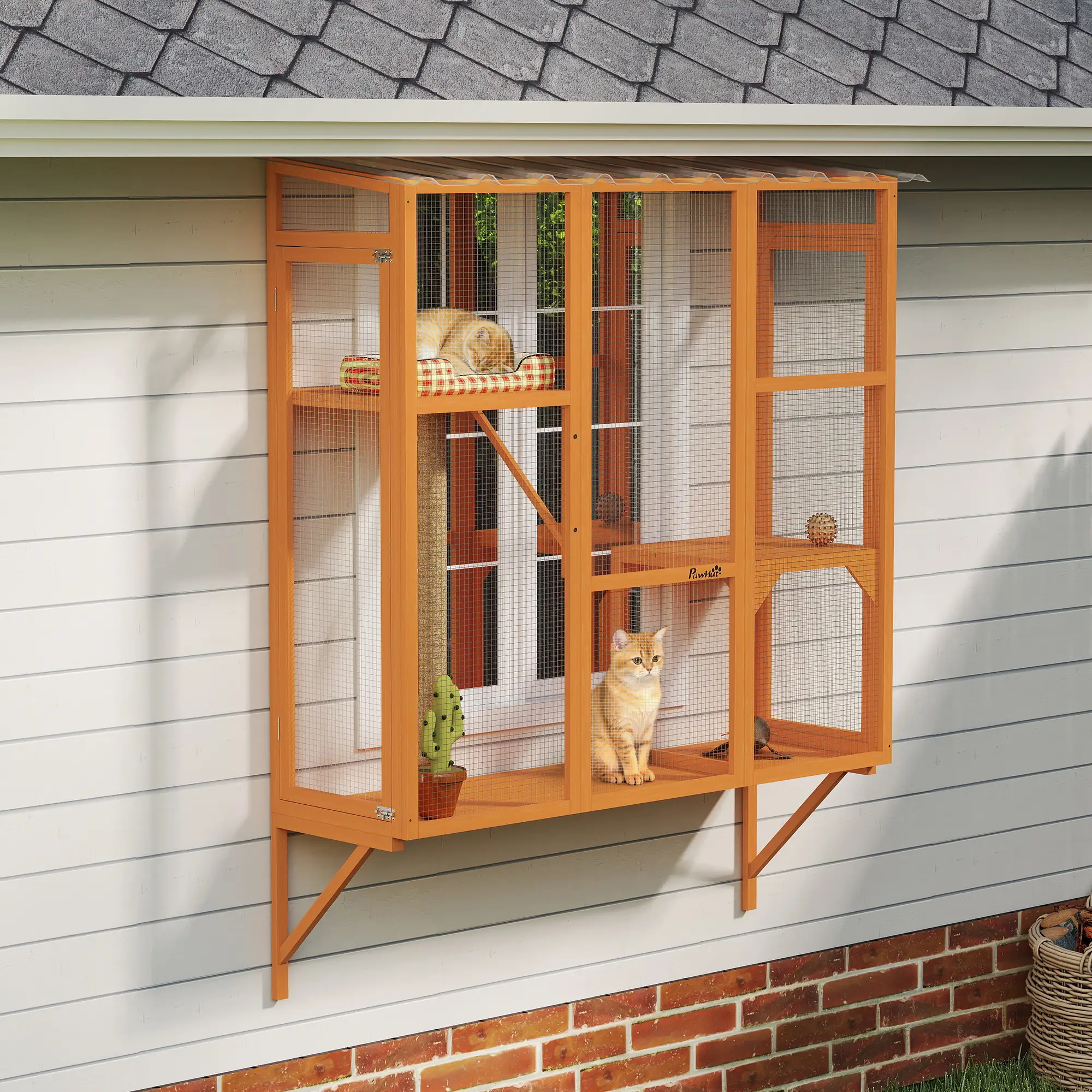 Wooden Catio Outdoor Enclosure, 2 Jumping Platforms, Scratching Post, Orange - Image 8