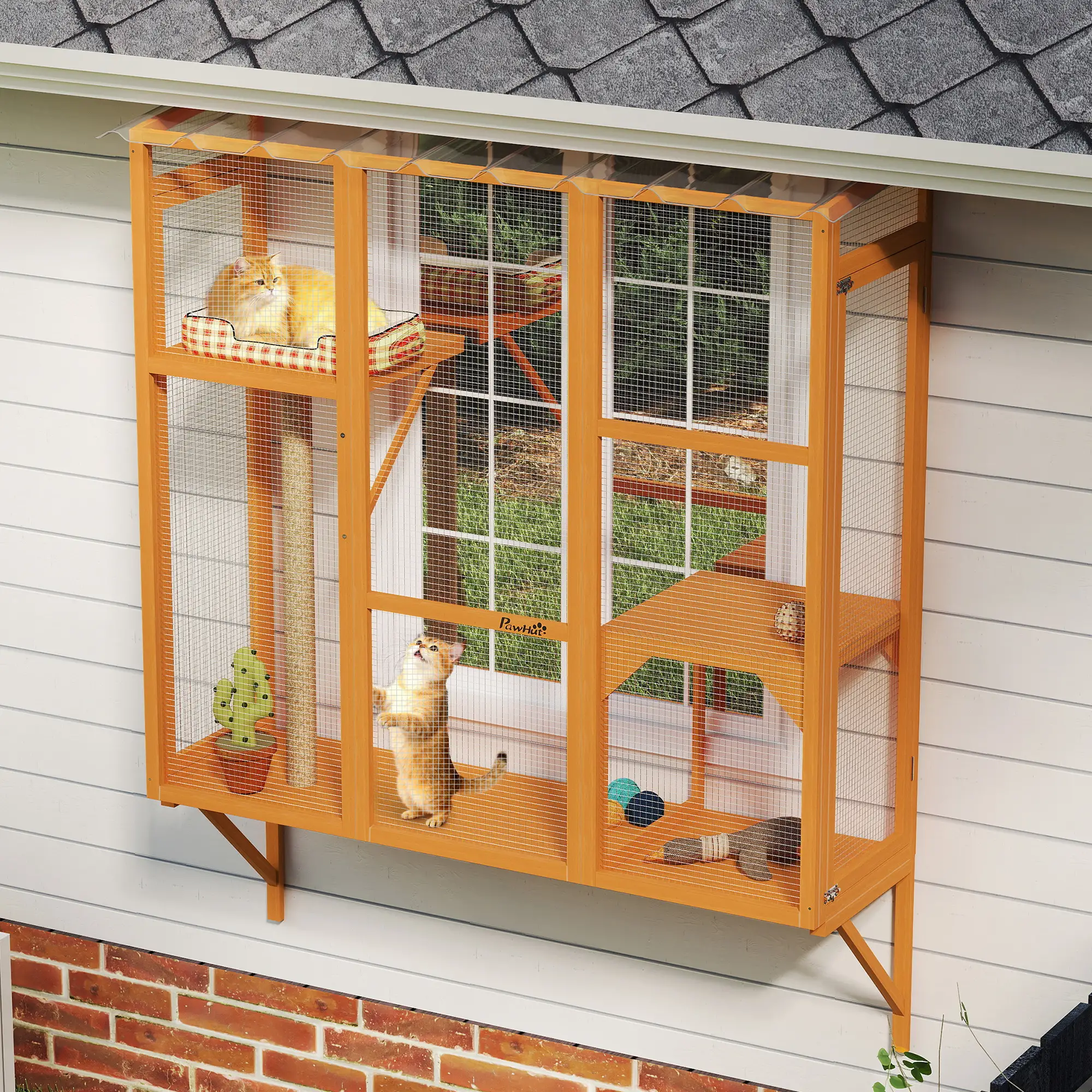 Wooden Catio Outdoor Enclosure, 2 Jumping Platforms, Scratching Post, Orange - Image 9