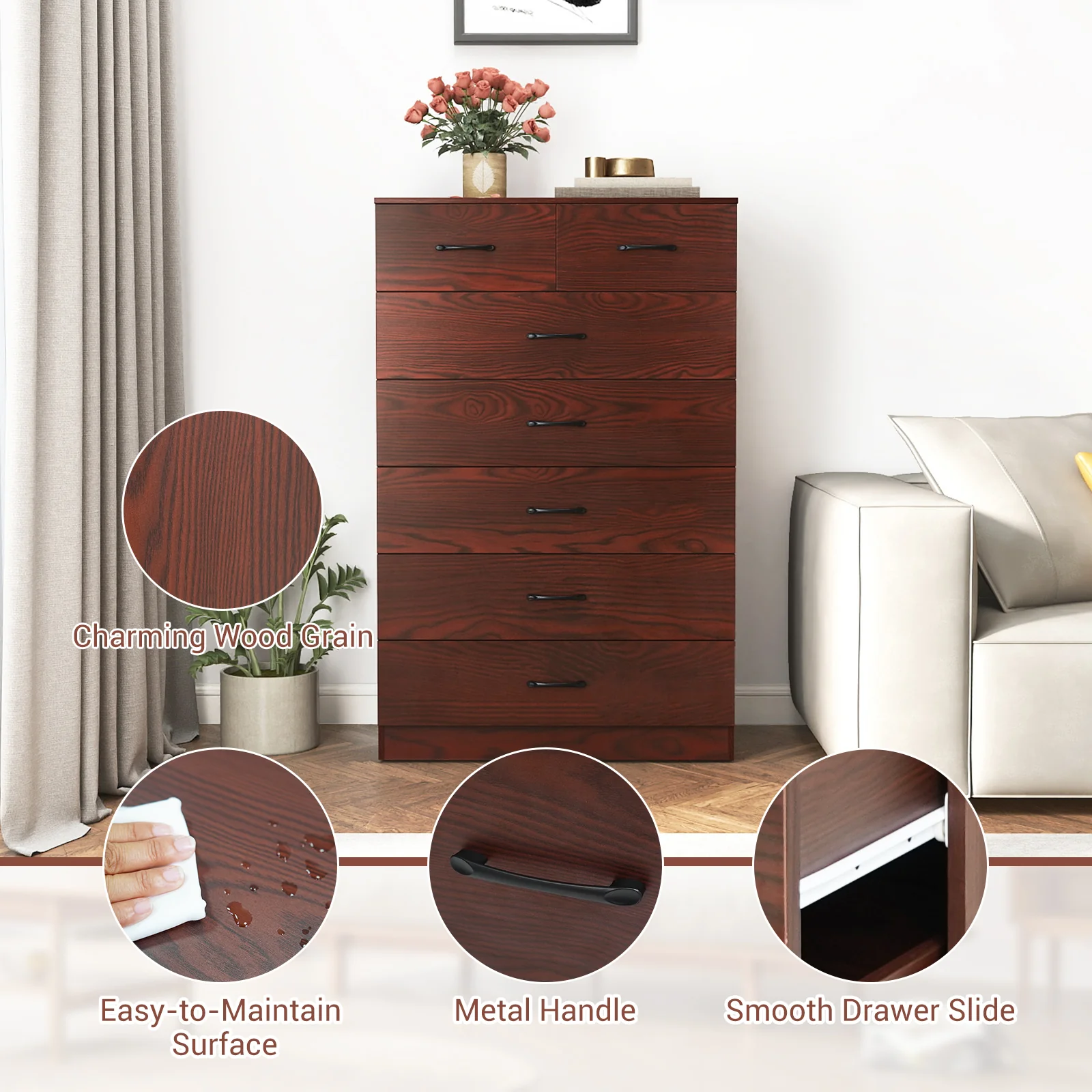Wooden Chest Of Drawers, Anti-Toppling Device, Metal Handles, Espresso - Image 10