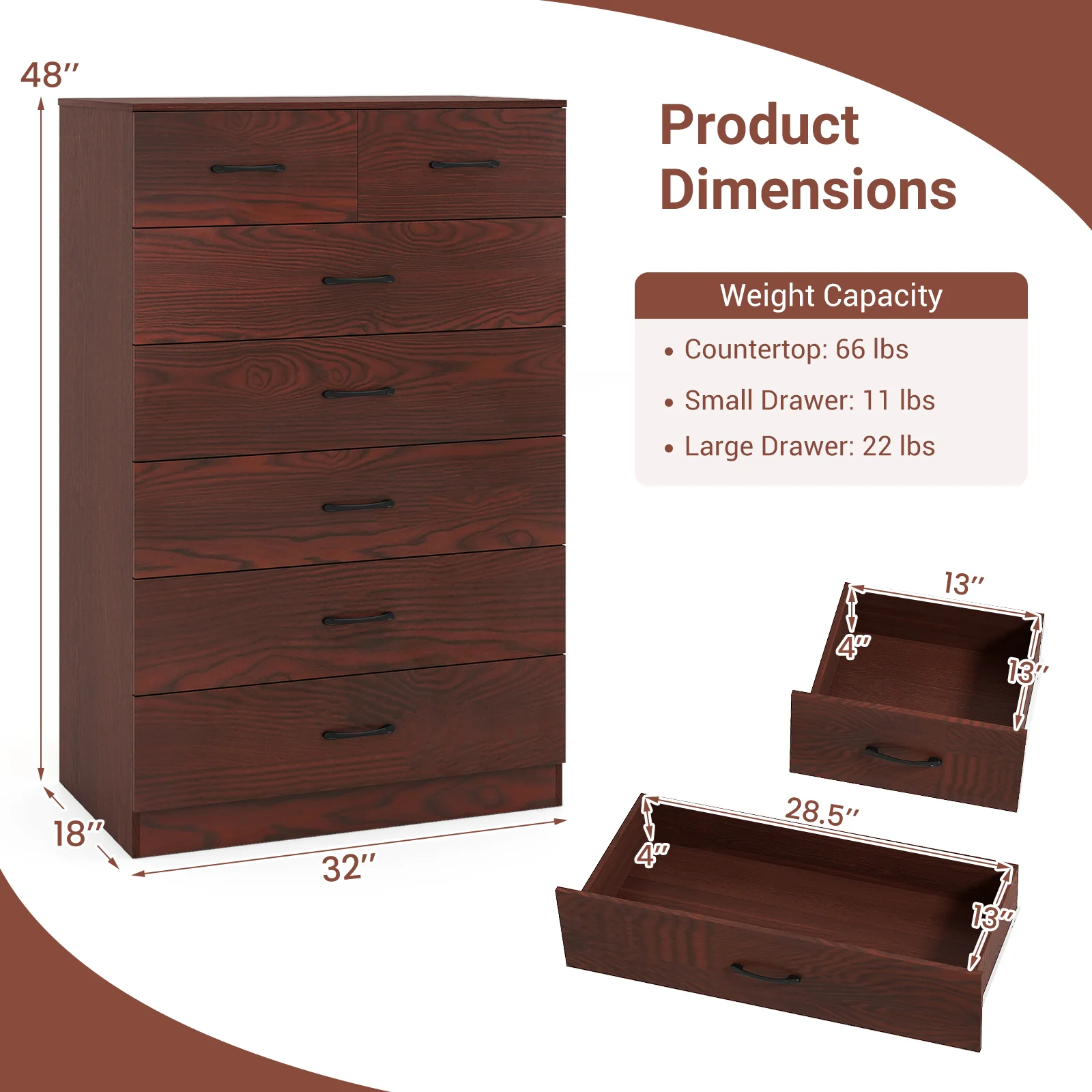 Wooden Chest Of Drawers, Anti-Toppling Device, Metal Handles, Espresso - Image 6