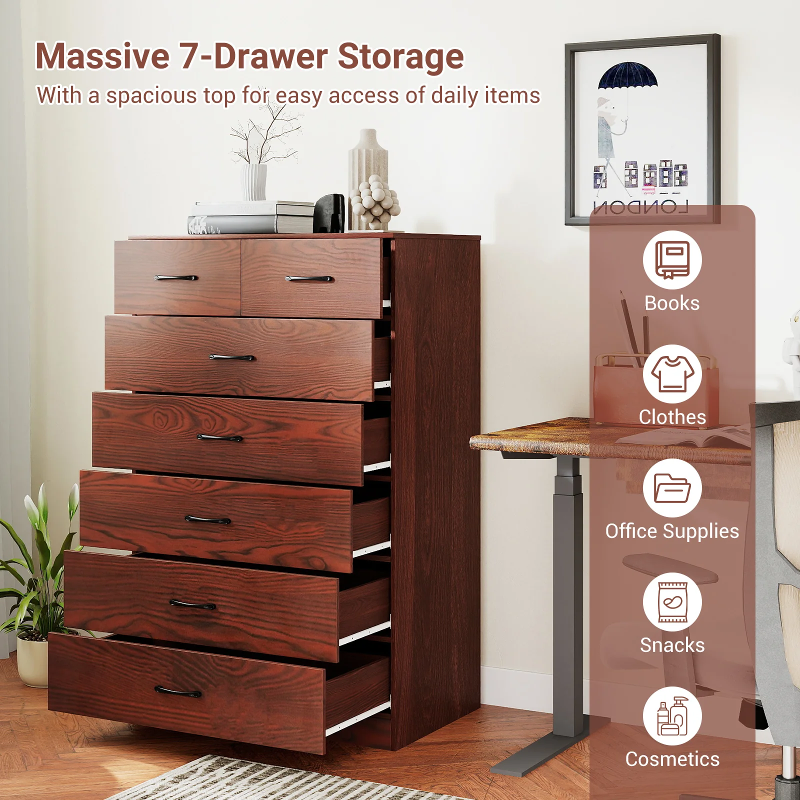 Wooden Chest Of Drawers, Anti-Toppling Device, Metal Handles, Espresso - Image 7