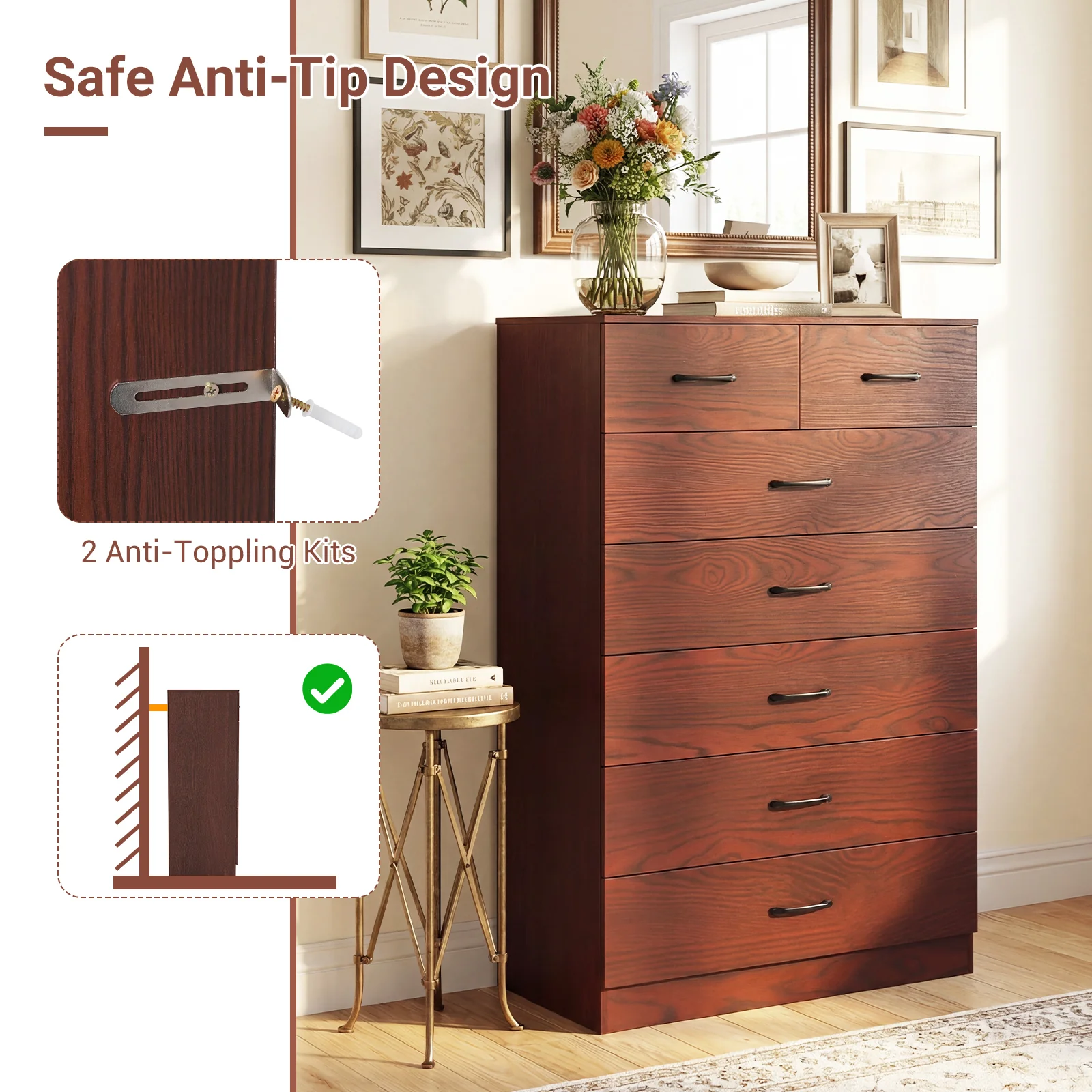 Wooden Chest Of Drawers, Anti-Toppling Device, Metal Handles, Espresso - Image 8