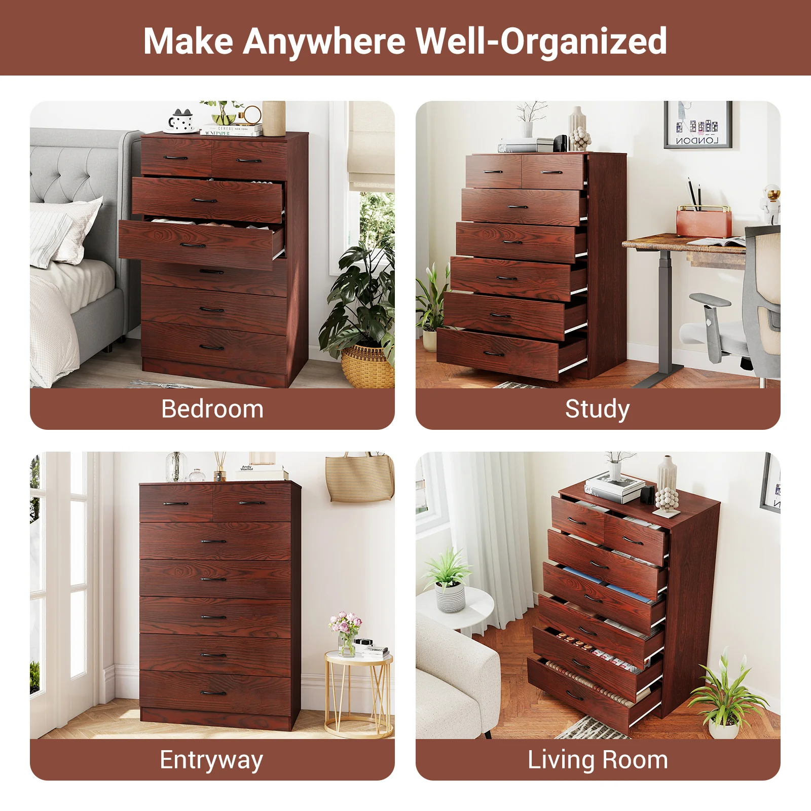 Wooden Chest Of Drawers, Anti-Toppling Device, Metal Handles, Espresso - Image 9