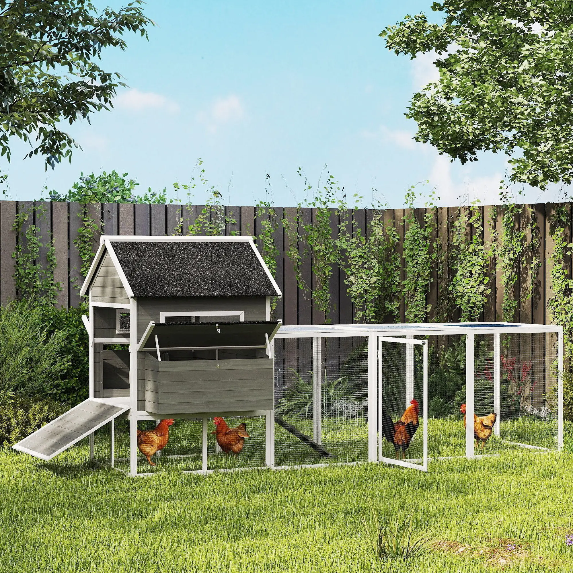 Wooden Chicken Coop With Run, Nesting Box, 137", Dark Grey - Image 8