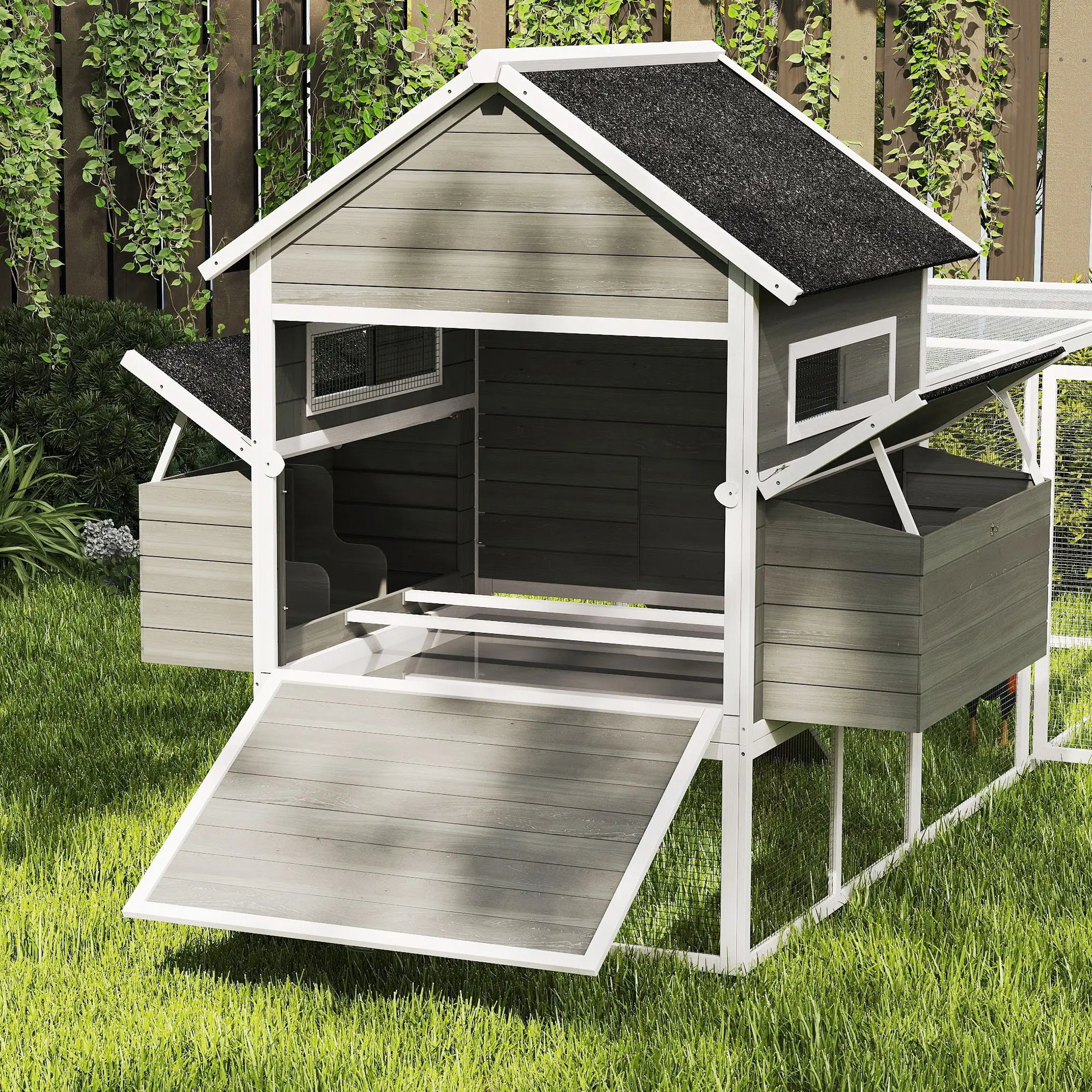 Wooden Chicken Coop With Run, Nesting Box, 137", Dark Grey - Image 9