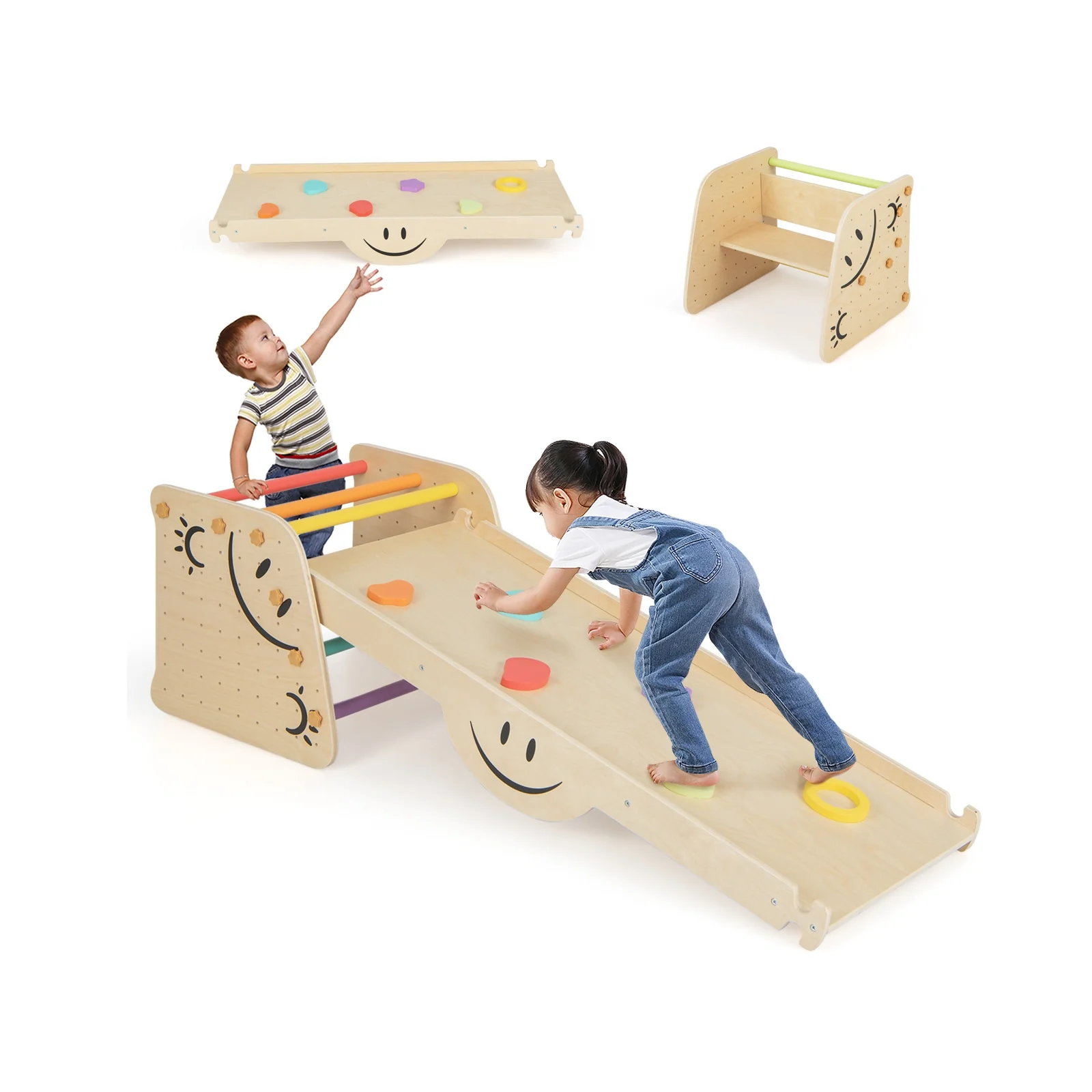 Wooden Climbing Toy Triangle Climber Set With Seesaw, Multicolor