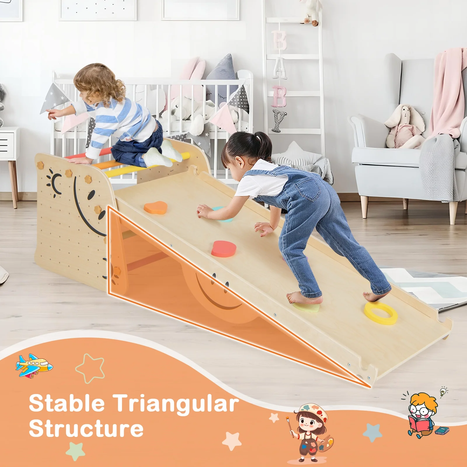 Wooden Climbing Toy Triangle Climber Set With Seesaw, Multicolor - Image 3