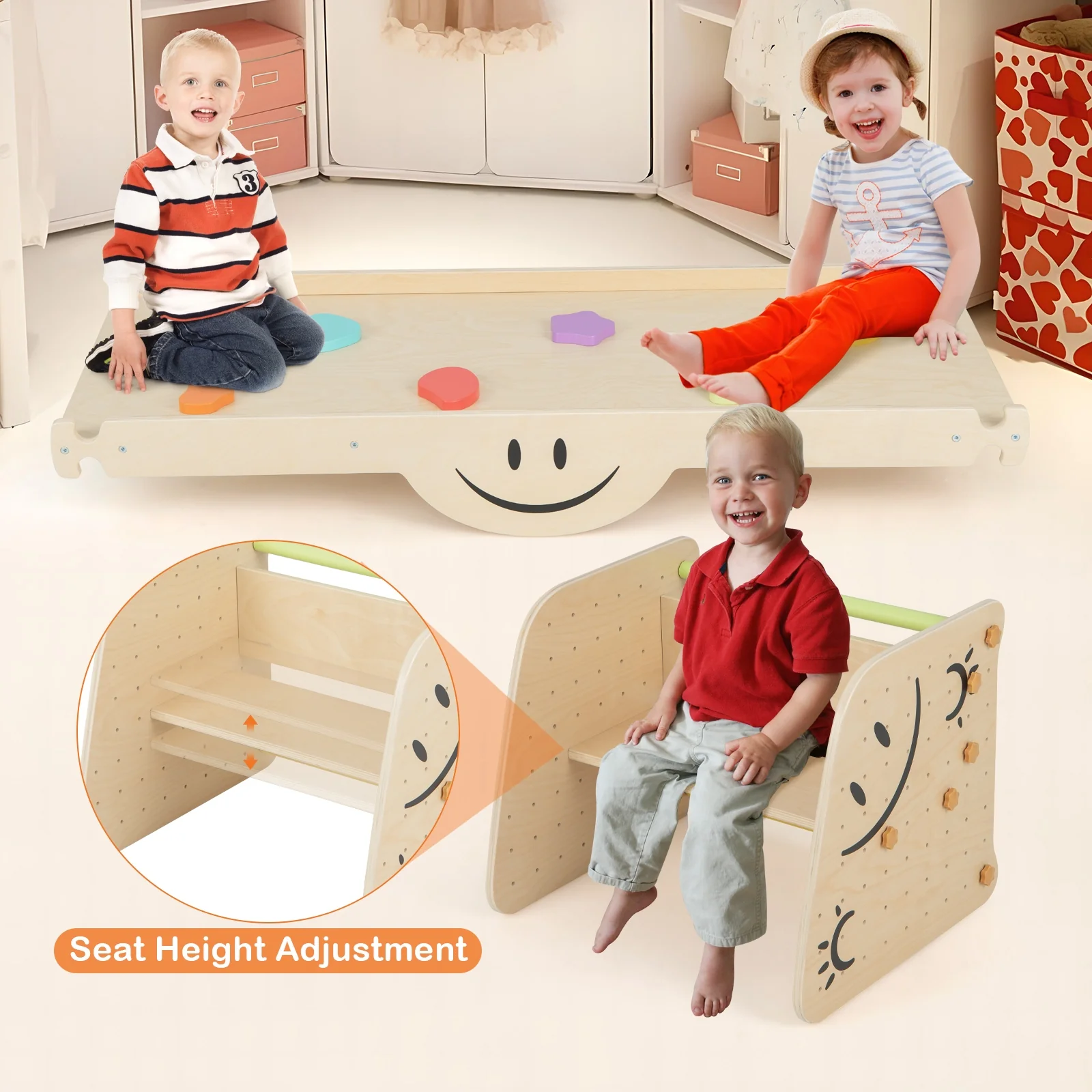 Wooden Climbing Toy Triangle Climber Set With Seesaw, Multicolor - Image 6