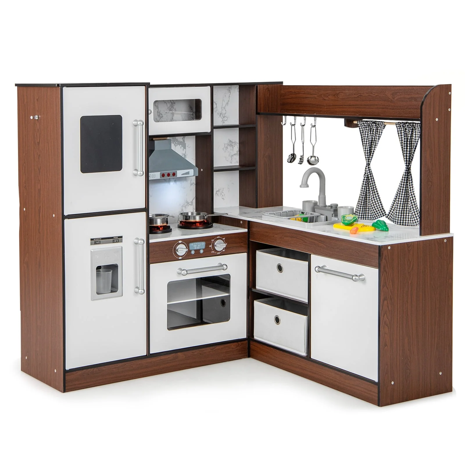 Wooden Corner Play Kitchen With Water Circulation, Lights, Brown - Image 3