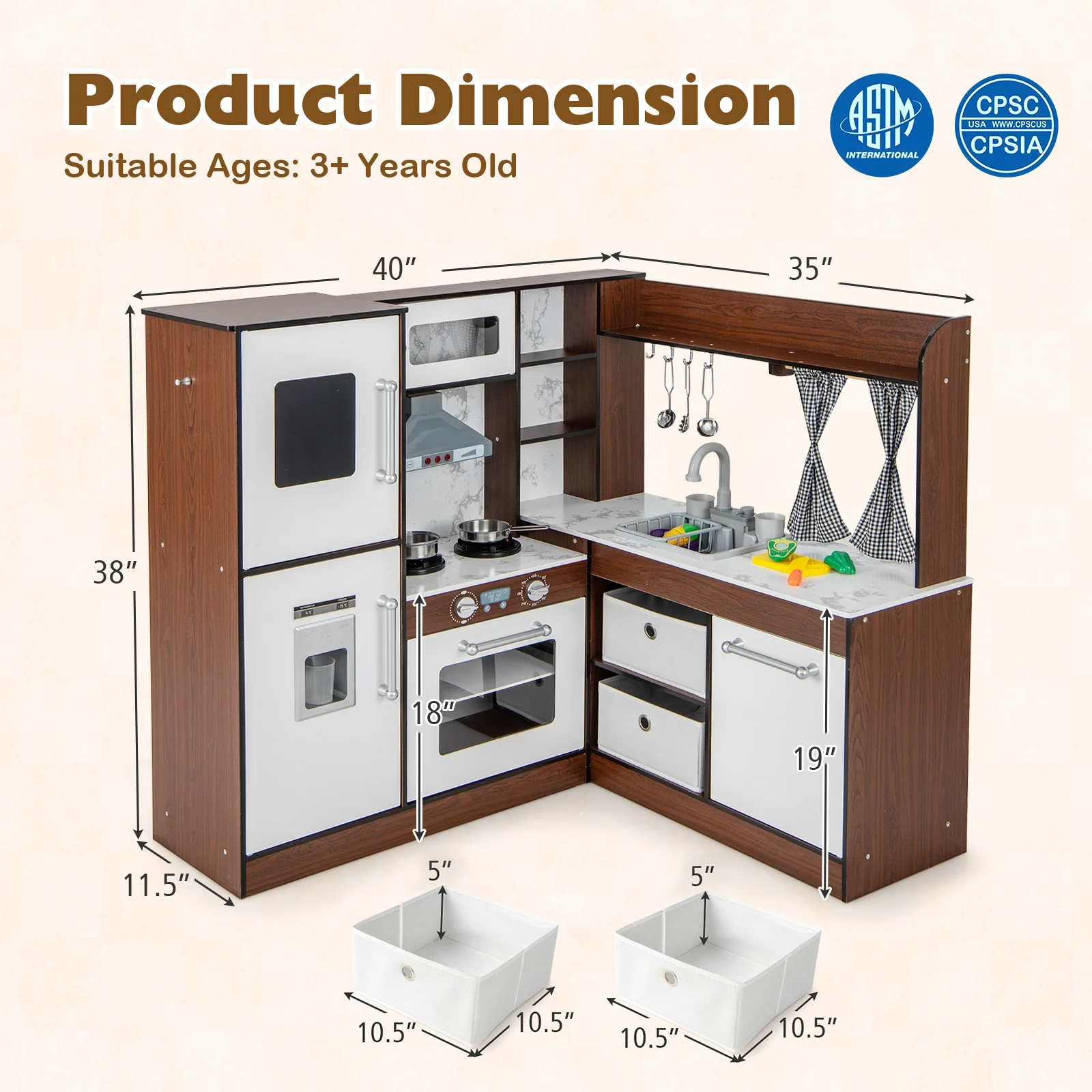 Wooden Corner Play Kitchen With Water Circulation, Lights, Brown - Image 5