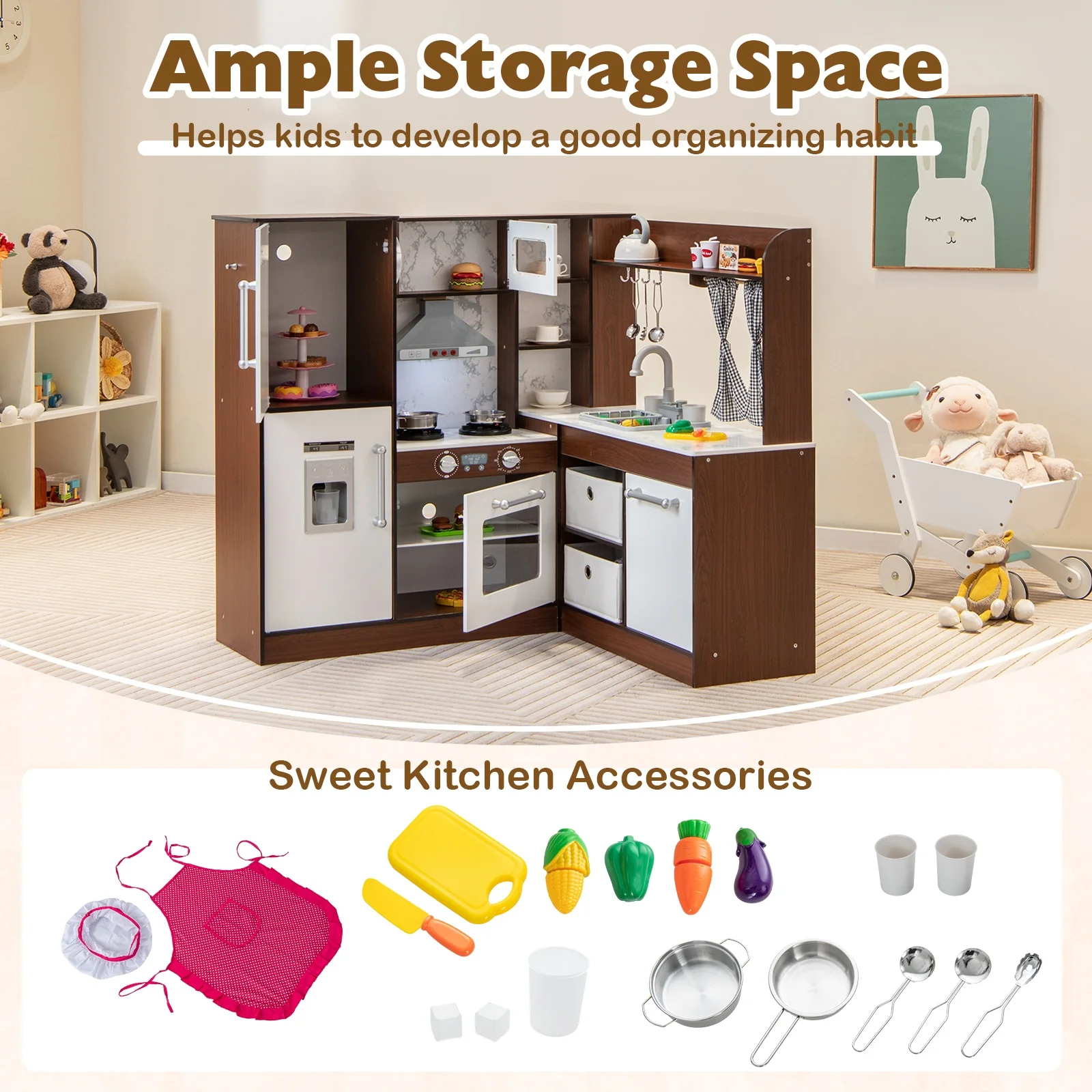Wooden Corner Play Kitchen With Water Circulation, Lights, Brown - Image 7