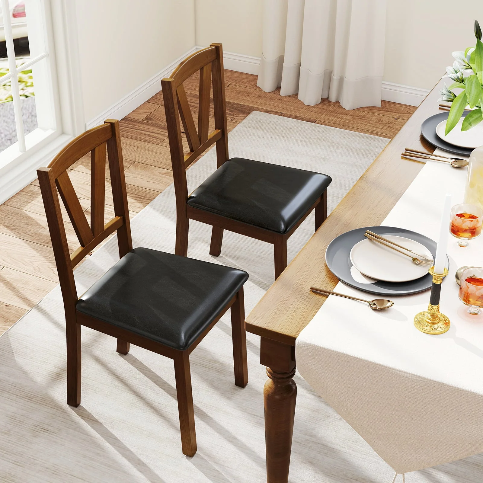 Wooden Dining Chair Set, 2 PU Leather Upholstered, Rubber Wood Frame, Brown - Image 3