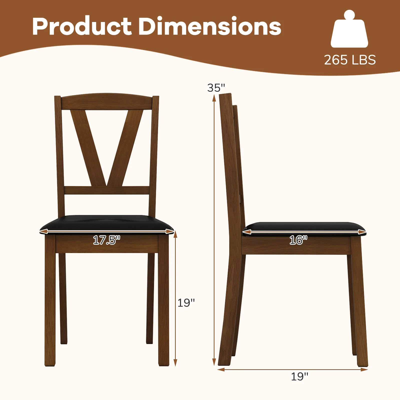 Wooden Dining Chair Set, 2 PU Leather Upholstered, Rubber Wood Frame, Brown - Image 5
