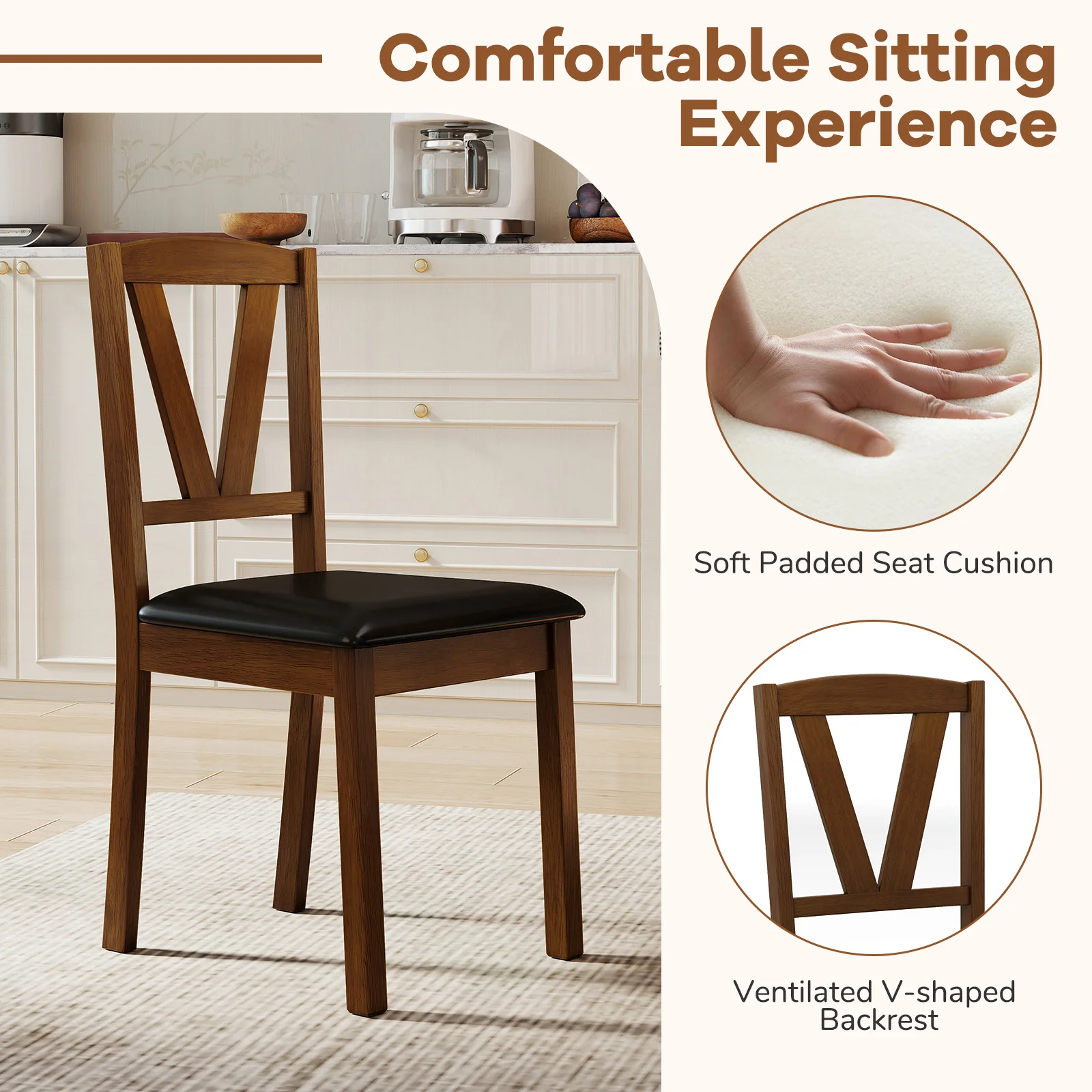 Wooden Dining Chair Set, 2 PU Leather Upholstered, Rubber Wood Frame, Brown - Image 8