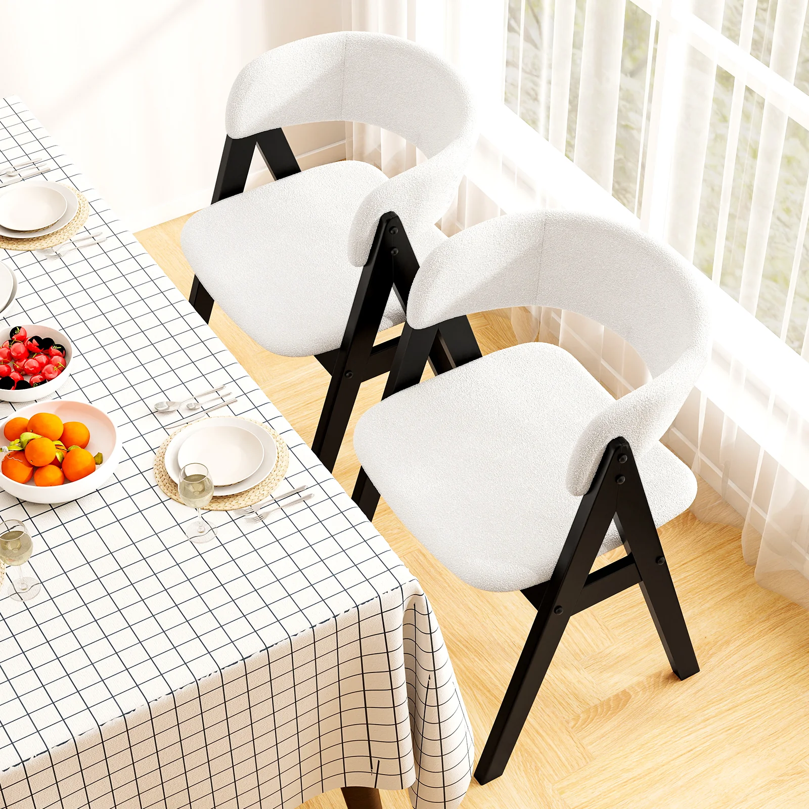 Wooden Dining Chair Set, Mid-Century Modern, Sherpa Upholstered, Black - Image 2
