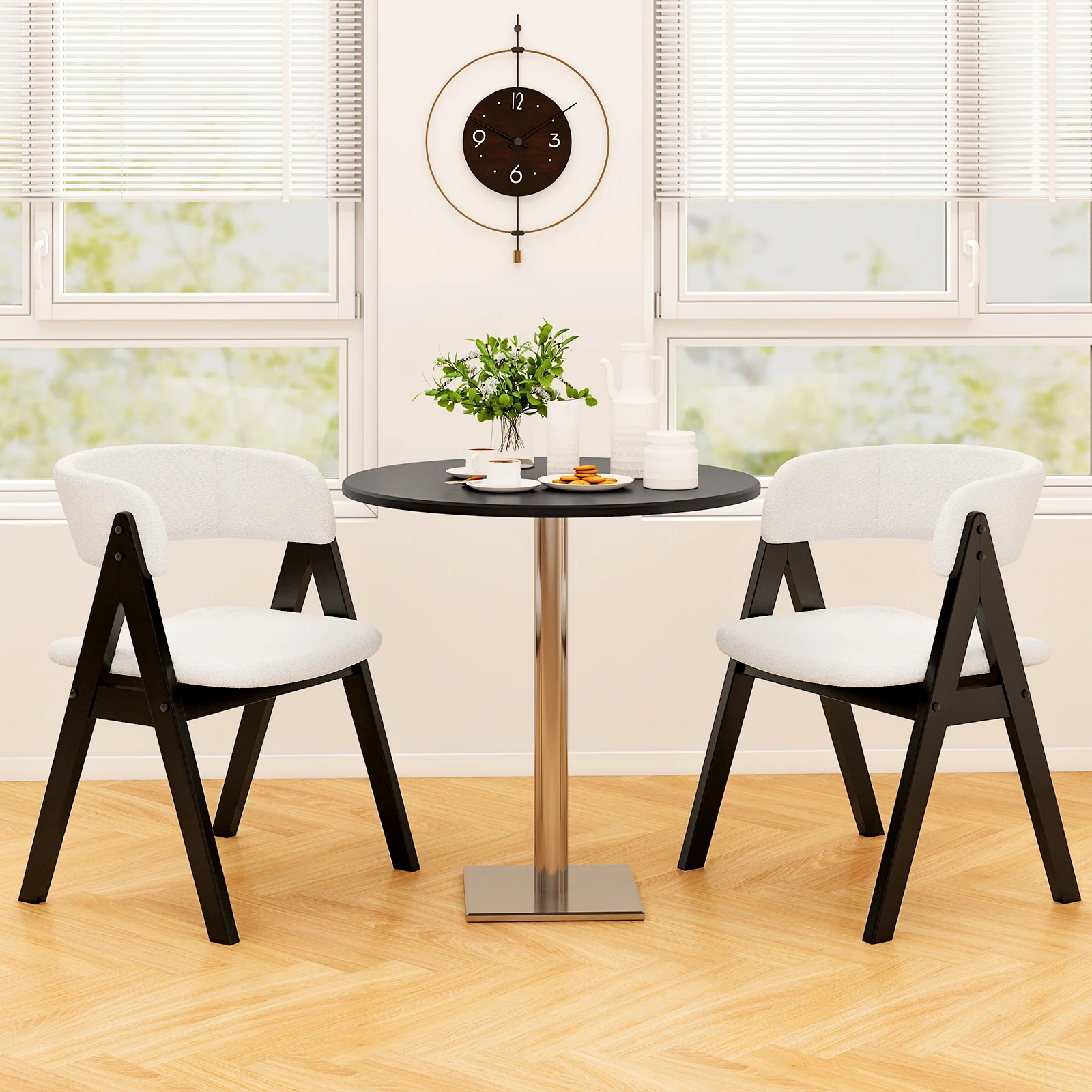Wooden Dining Chair Set, Mid-Century Modern, Sherpa Upholstered, Black - Image 3
