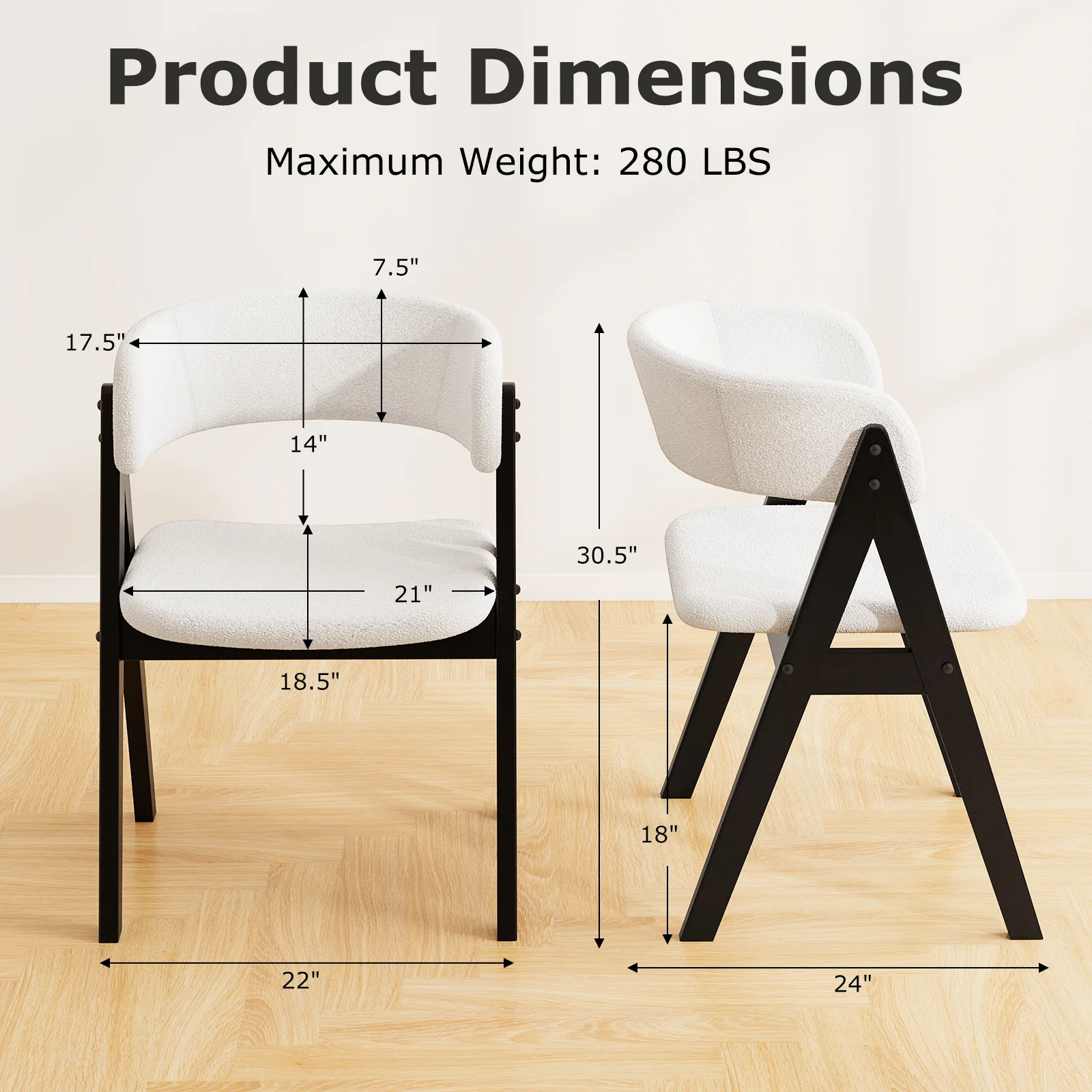 Wooden Dining Chair Set, Mid-Century Modern, Sherpa Upholstered, Black - Image 5