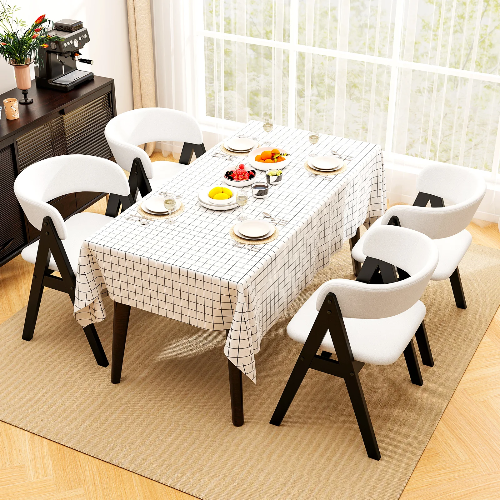 Wooden Dining Chair Set, Mid-Century Modern, Sherpa Upholstered, Black - Image 6