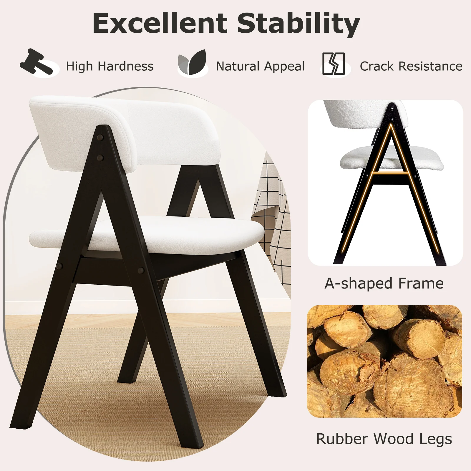 Wooden Dining Chair Set, Mid-Century Modern, Sherpa Upholstered, Black - Image 8