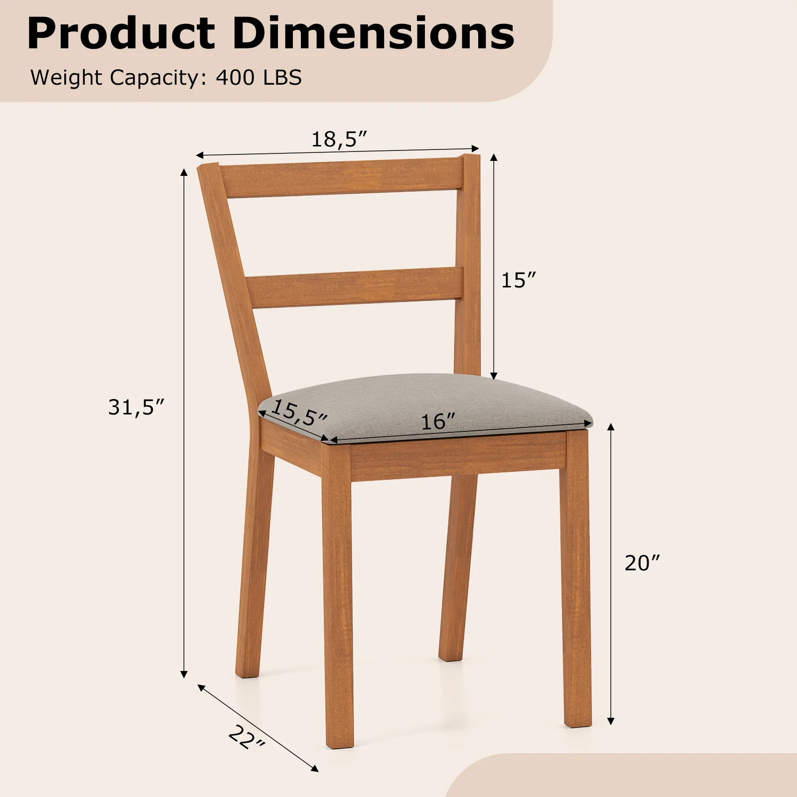 Wooden Dining Chair Set Of 2, Farmhouse Kitchen Chair, Upholstered Seat, Brown - Image 4