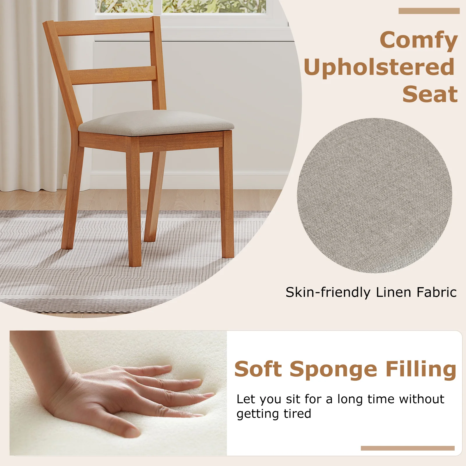 Wooden Dining Chair Set Of 2, Farmhouse Kitchen Chair, Upholstered Seat, Brown - Image 5