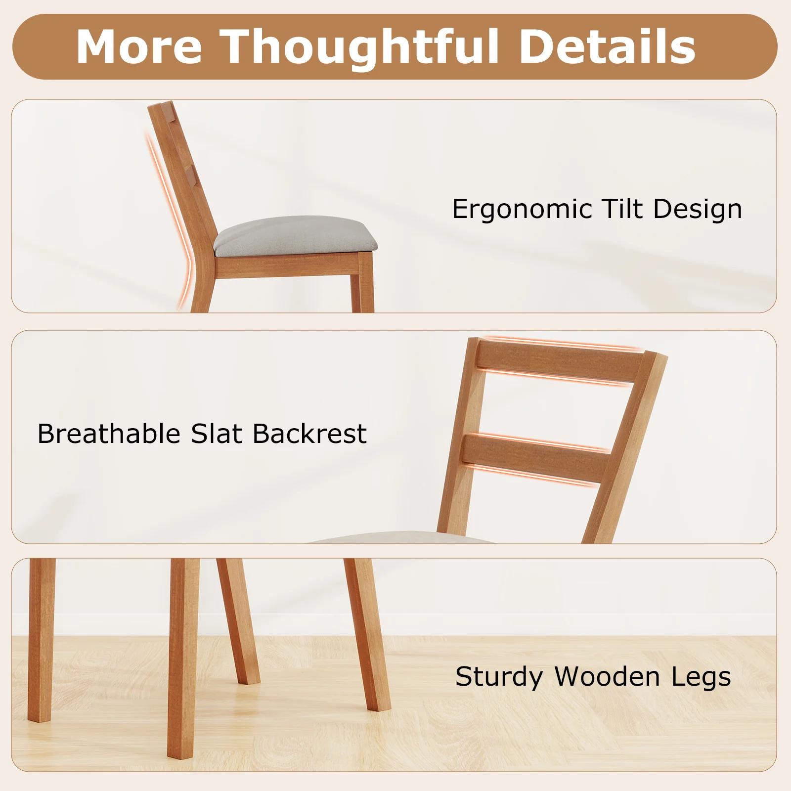 Wooden Dining Chair Set Of 2, Farmhouse Kitchen Chair, Upholstered Seat, Brown - Image 9