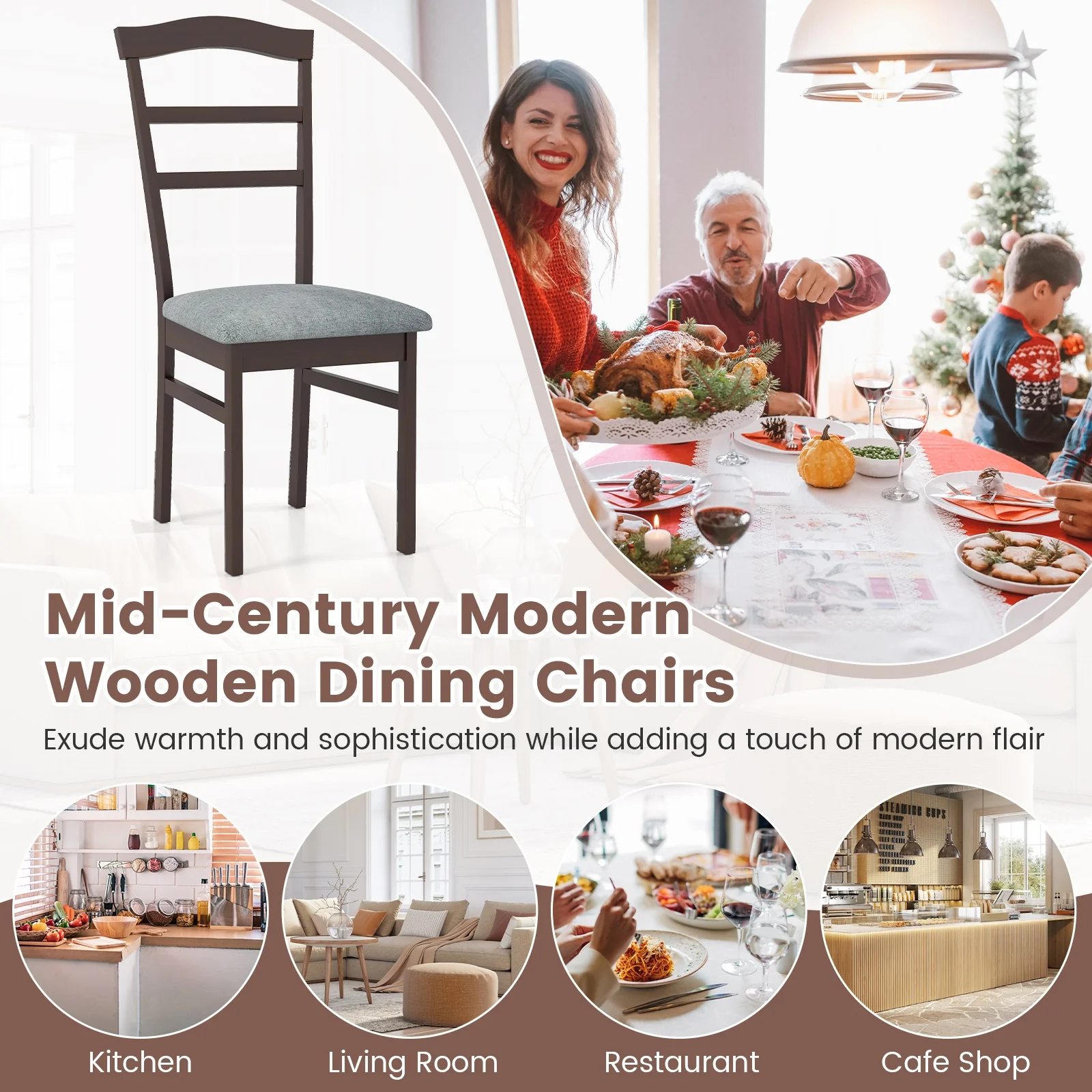 Wooden Dining Chair Set of 2 Linen Fabric Upholstered Kitchen Chairs Farmhouse Side Accent Chairs - Image 10
