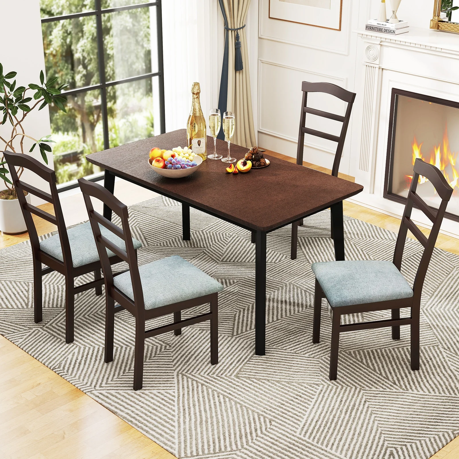 Wooden Dining Chair Set of 2 Linen Fabric Upholstered Kitchen Chairs Farmhouse Side Accent Chairs - Image 2