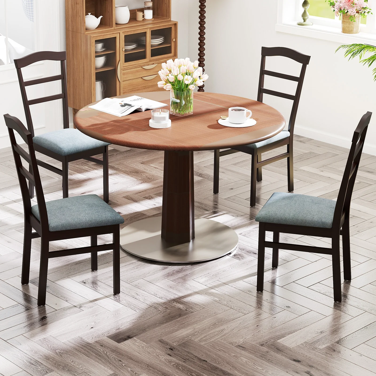 Wooden Dining Chair Set of 2 Linen Fabric Upholstered Kitchen Chairs Farmhouse Side Accent Chairs - Image 3