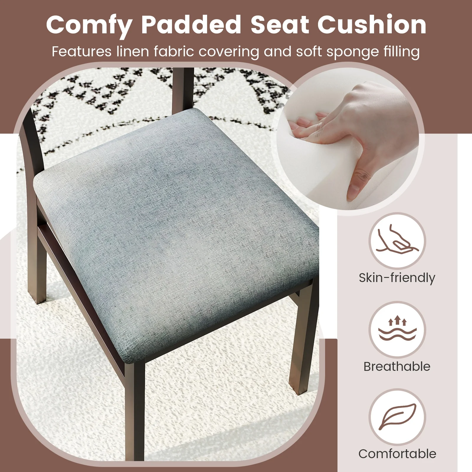 Wooden Dining Chair Set of 2 Linen Fabric Upholstered Kitchen Chairs Farmhouse Side Accent Chairs - Image 8