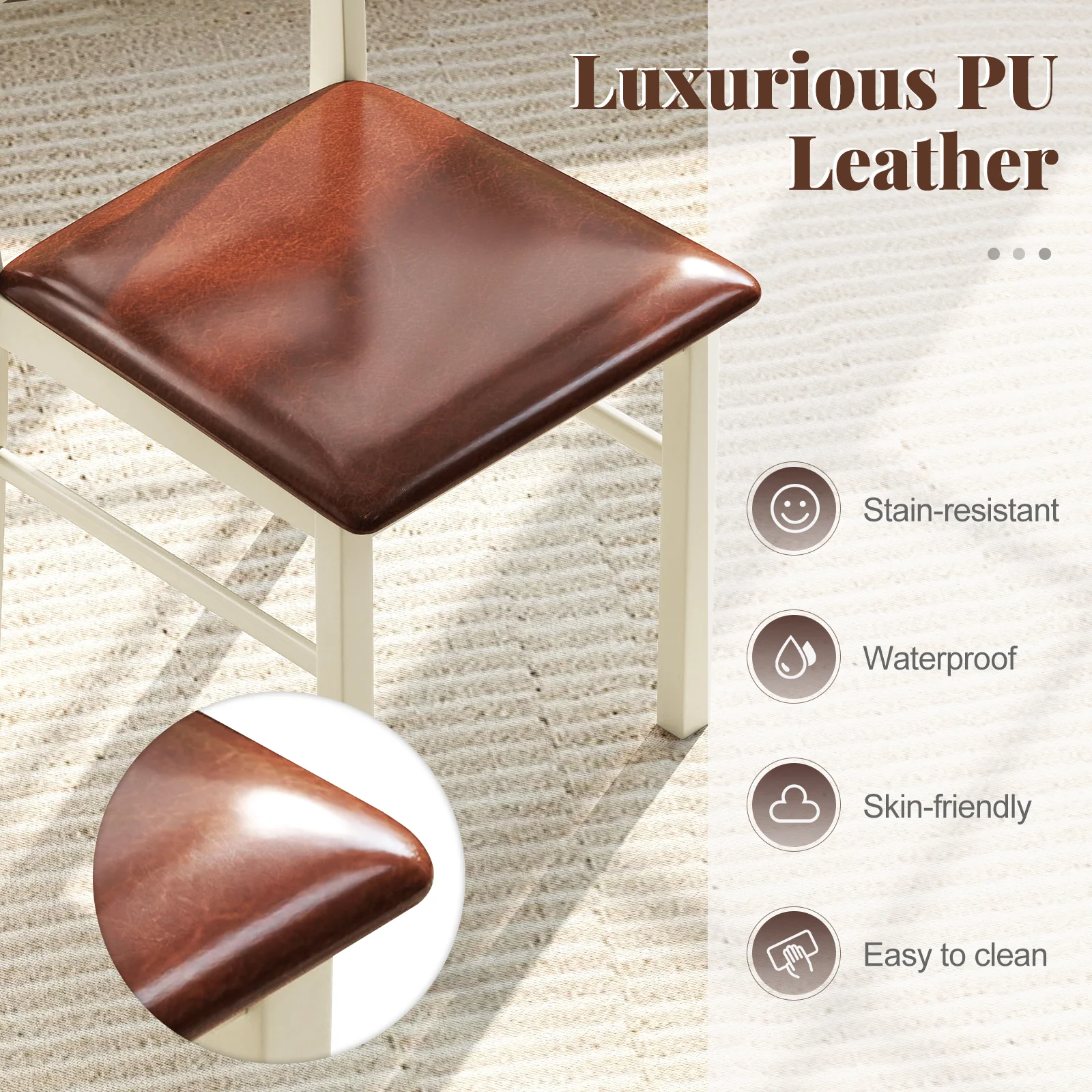 Wooden Dining Chair Set Of 2, PU Leather Upholstered, White - Image 9