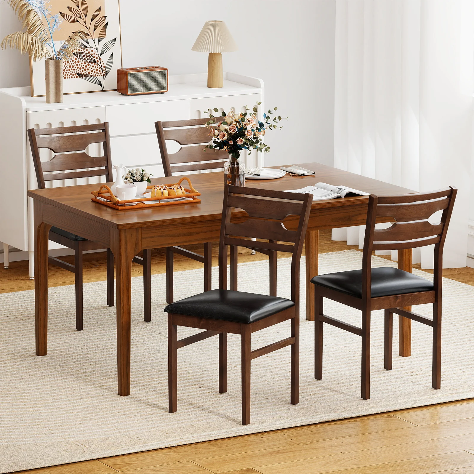 Wooden Dining Chair Set of 2 with PU Leather Padded Seat and Rubber Wood Frame, Walnut - Image 2