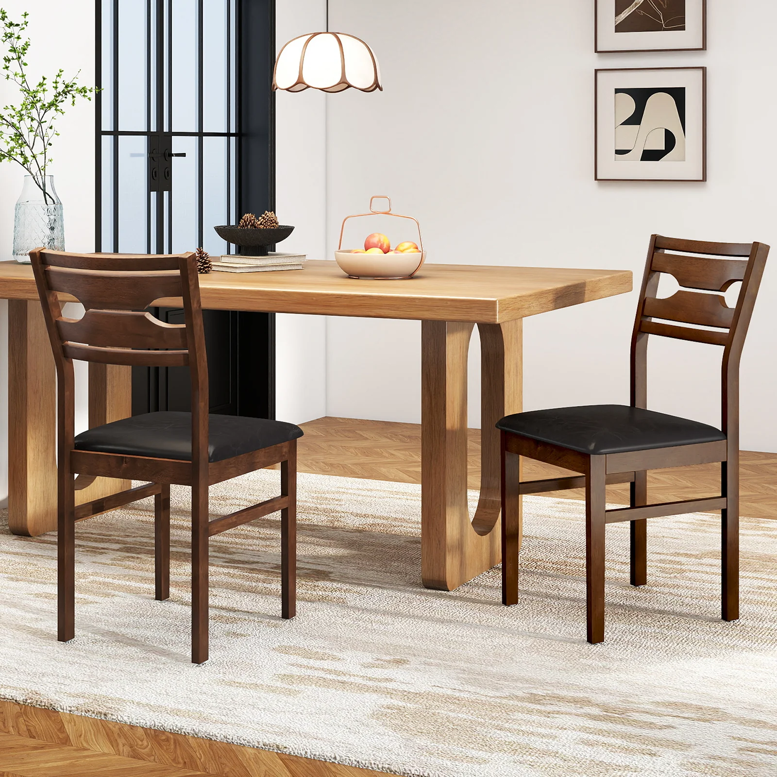 Wooden Dining Chair Set of 2 with PU Leather Padded Seat and Rubber Wood Frame, Walnut - Image 3