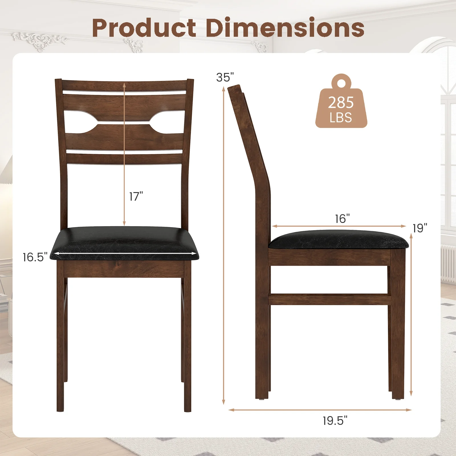 Wooden Dining Chair Set of 2 with PU Leather Padded Seat and Rubber Wood Frame, Walnut - Image 6