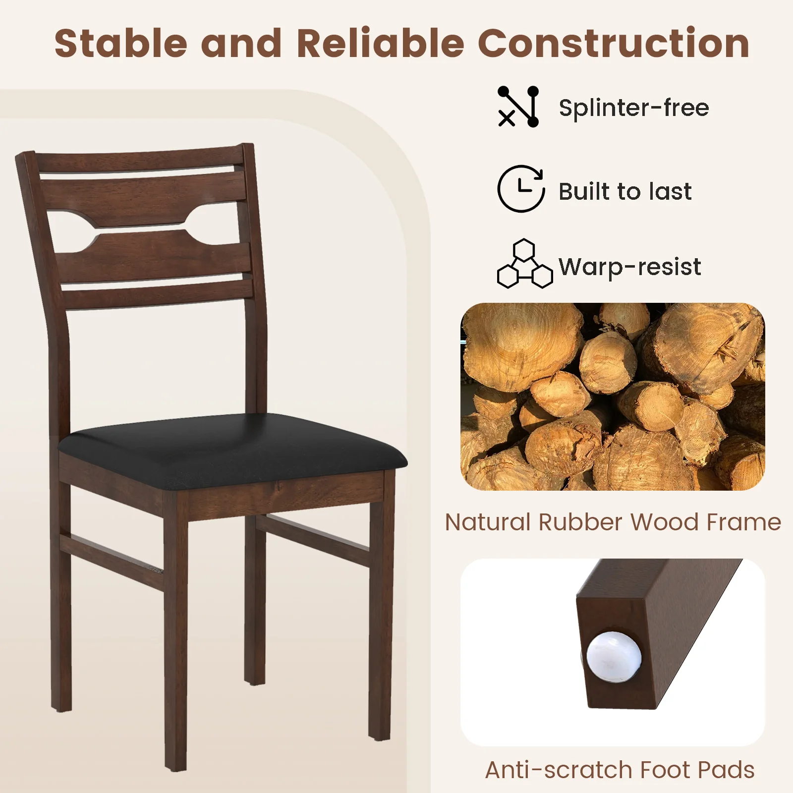 Wooden Dining Chair Set of 2 with PU Leather Padded Seat and Rubber Wood Frame, Walnut - Image 7